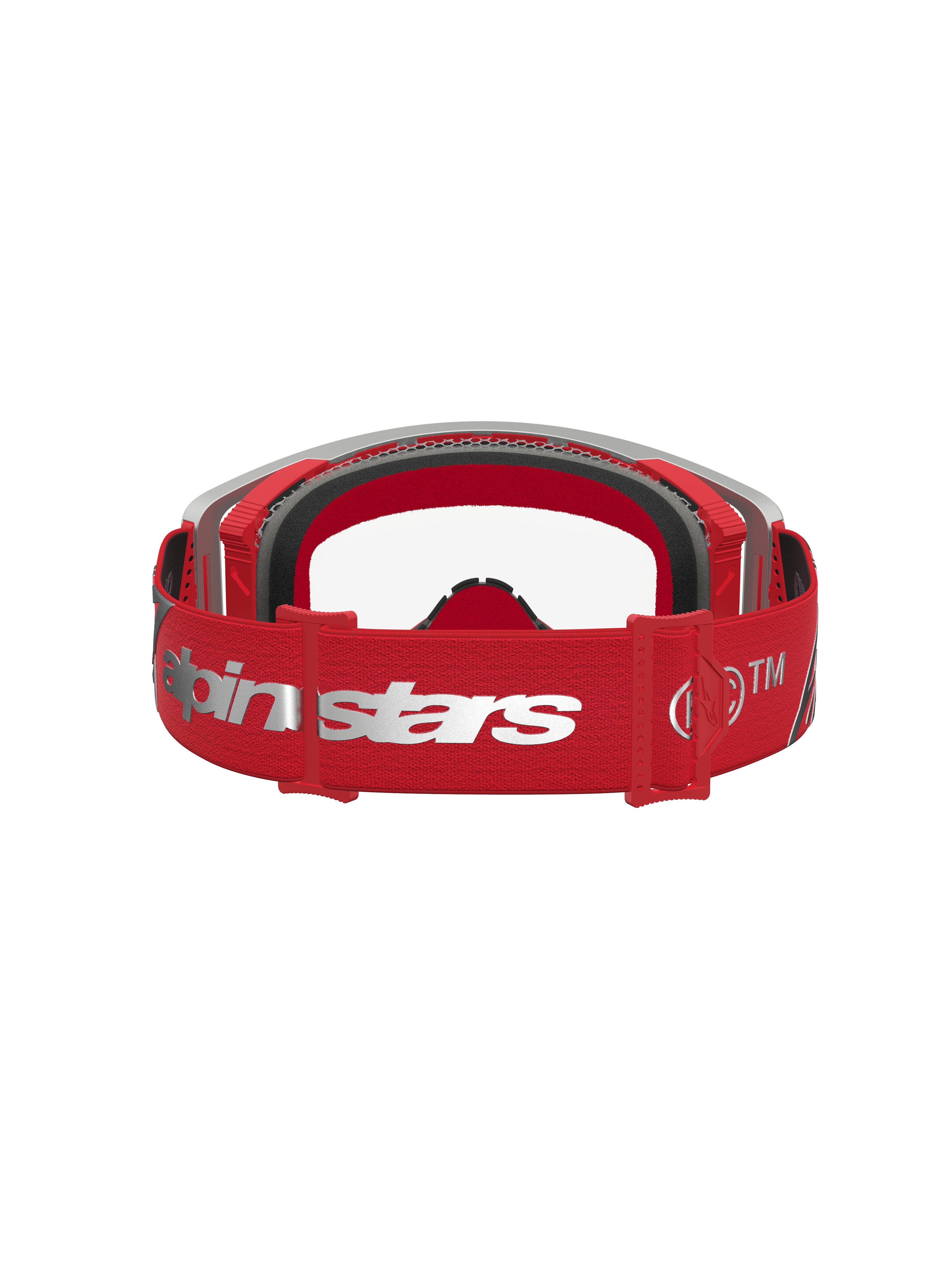 Alpinestars Óculos Supertech Dura Air Fluid, óculos de motocross vermelhos e prateados com fita ajustável, logótipo e forro em espuma, vista traseira.