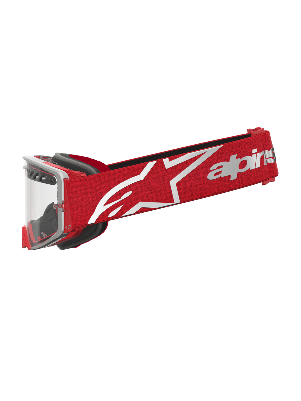 Alpinestars Óculos Supertech Dura Air Fluid, óculos de motocross vermelhos e prateados, com lente transparente.
