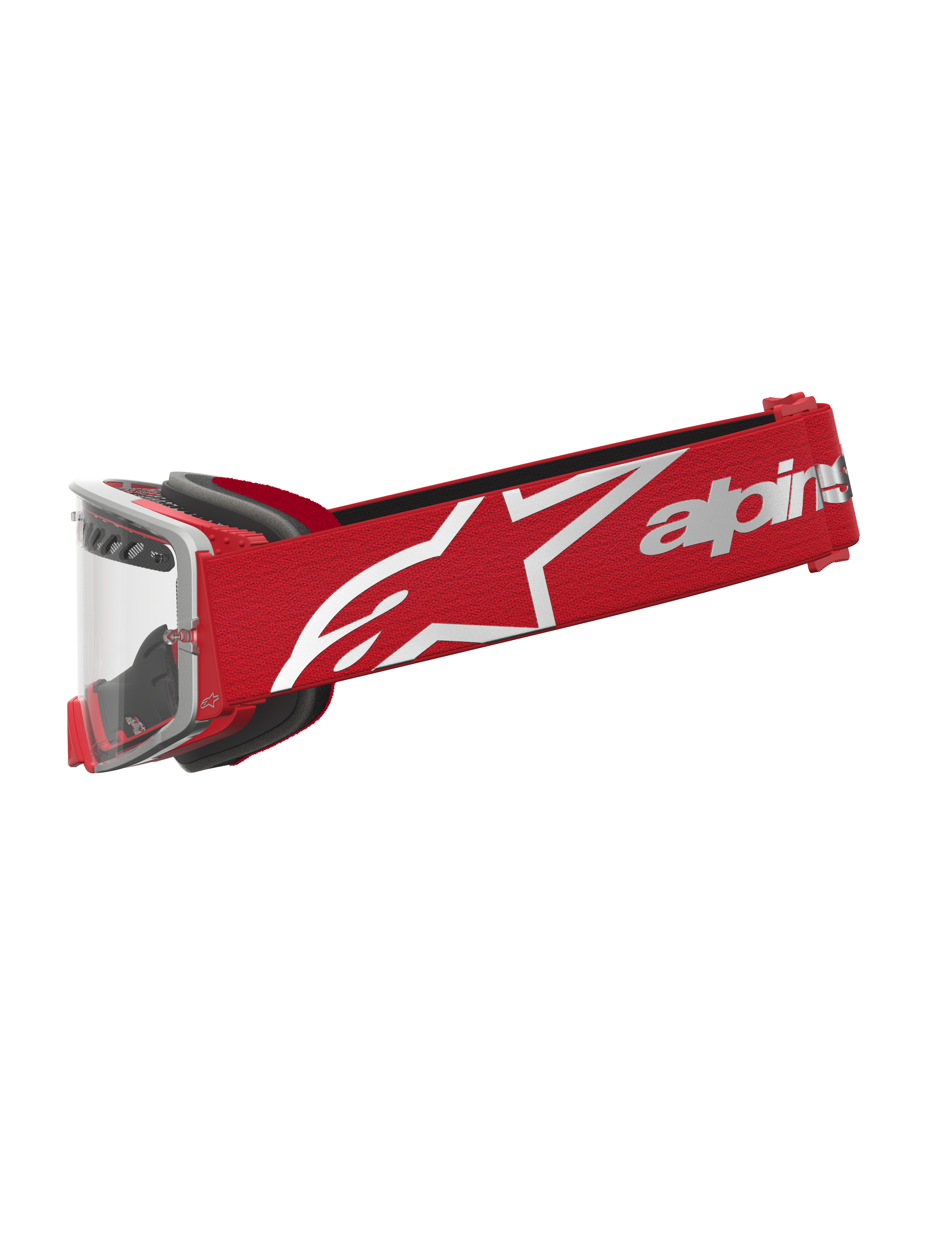 Alpinestars Óculos Supertech Dura Air Fluid, óculos de motocross vermelhos e prateados, com lente transparente.