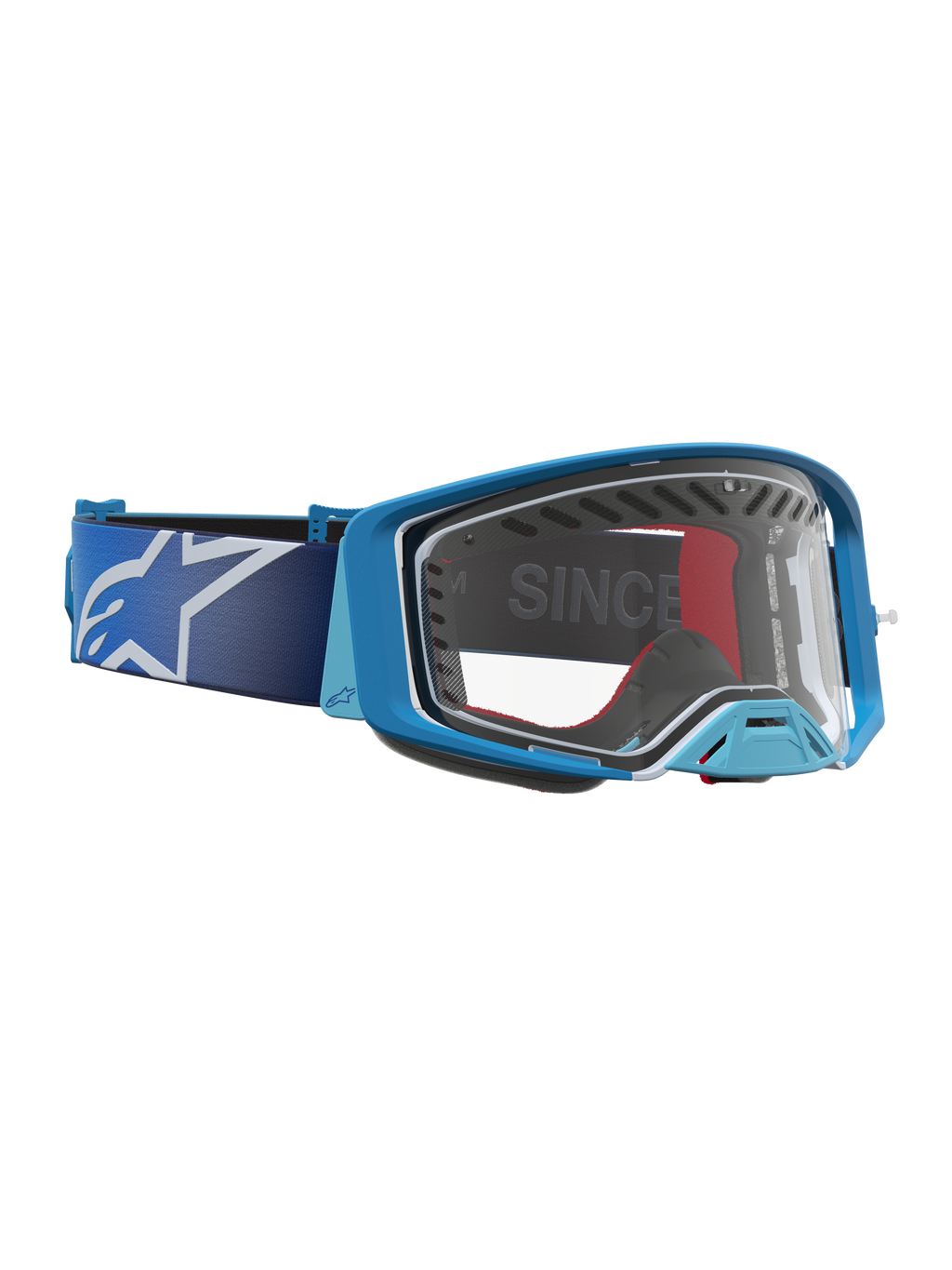 Alpinestars óculos Supertech Dura Air Fluid, motocross, azuis e prateados, lente transparente e estrutura de plástico ventilada