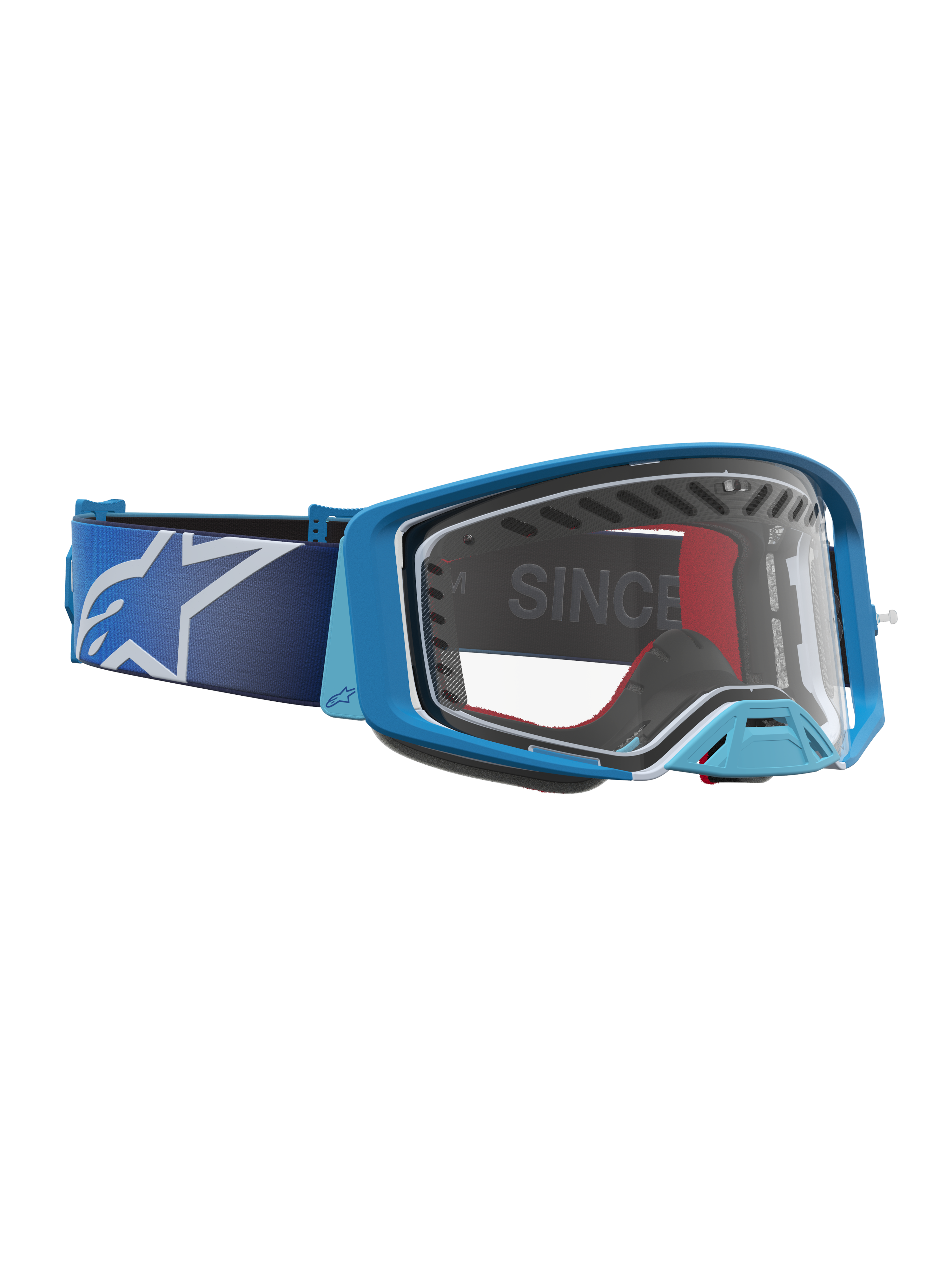 Alpinestars óculos Supertech Dura Air Fluid, motocross, azuis e prateados, lente transparente e estrutura de plástico ventilada