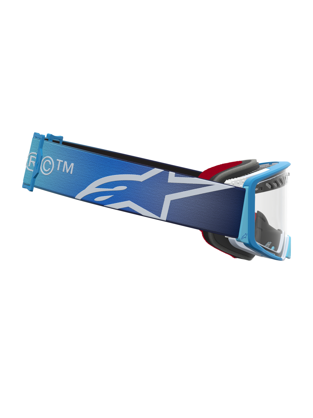 Alpinestars Supertech Dura Air Fluid, óculos de motocross e todo-o-terreno, azul degradê e branco, lente transparente e fita larga com logótipo Astars.