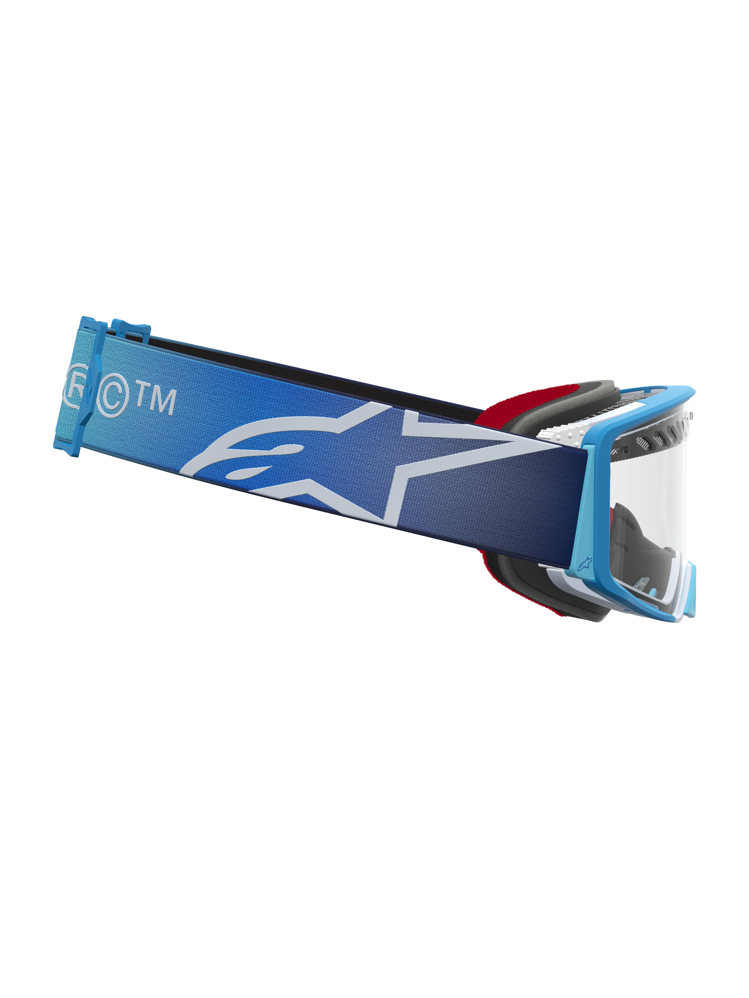 Alpinestars Supertech Dura Air Fluid, óculos de motocross e todo-o-terreno, azul degradê e branco, lente transparente e fita larga com logótipo Astars.