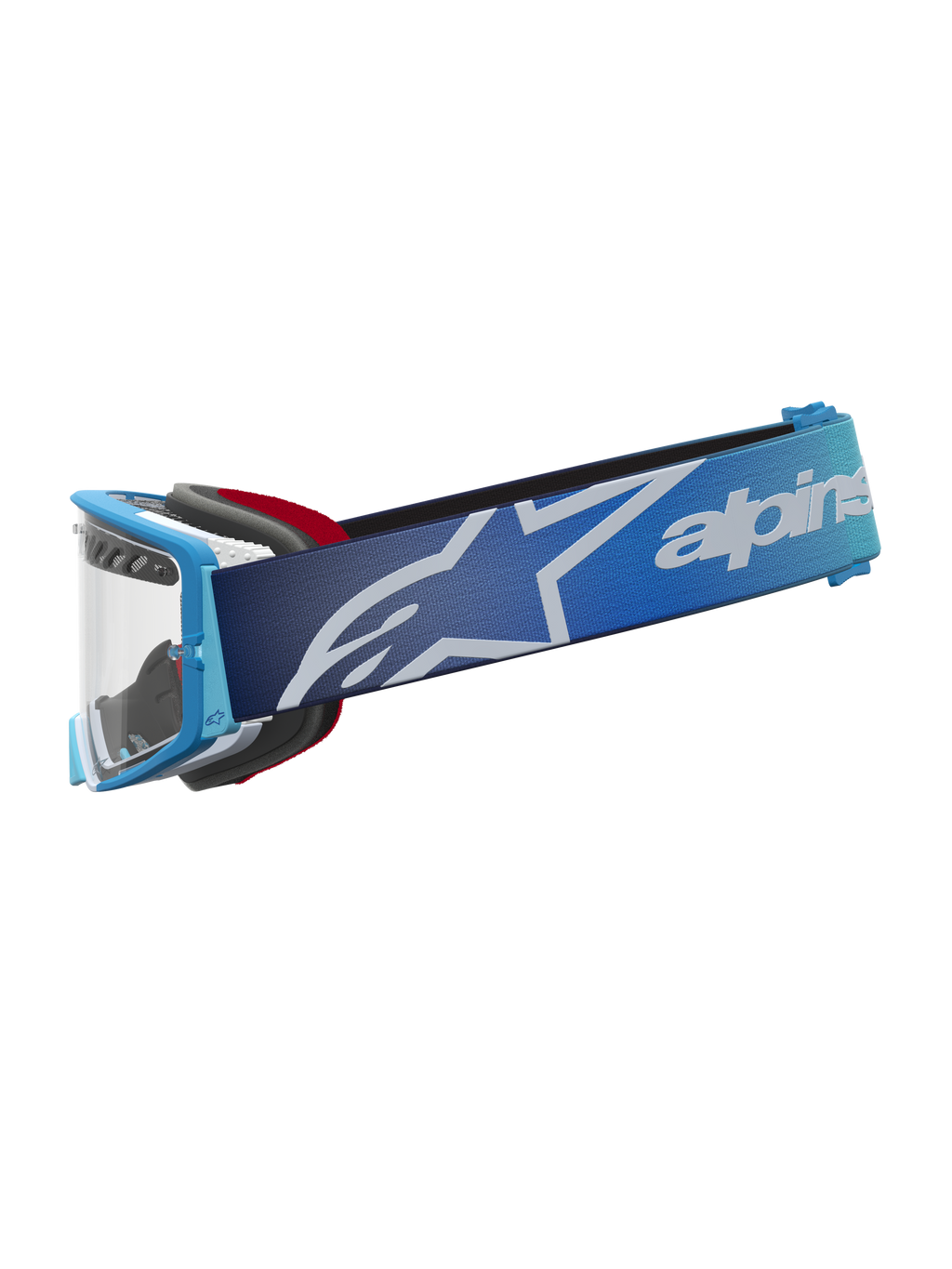 Alpinestars Supertech Dura Air Fluid, óculos de motocross, azul degradê e prateado, lente transparente e correia com logótipo.