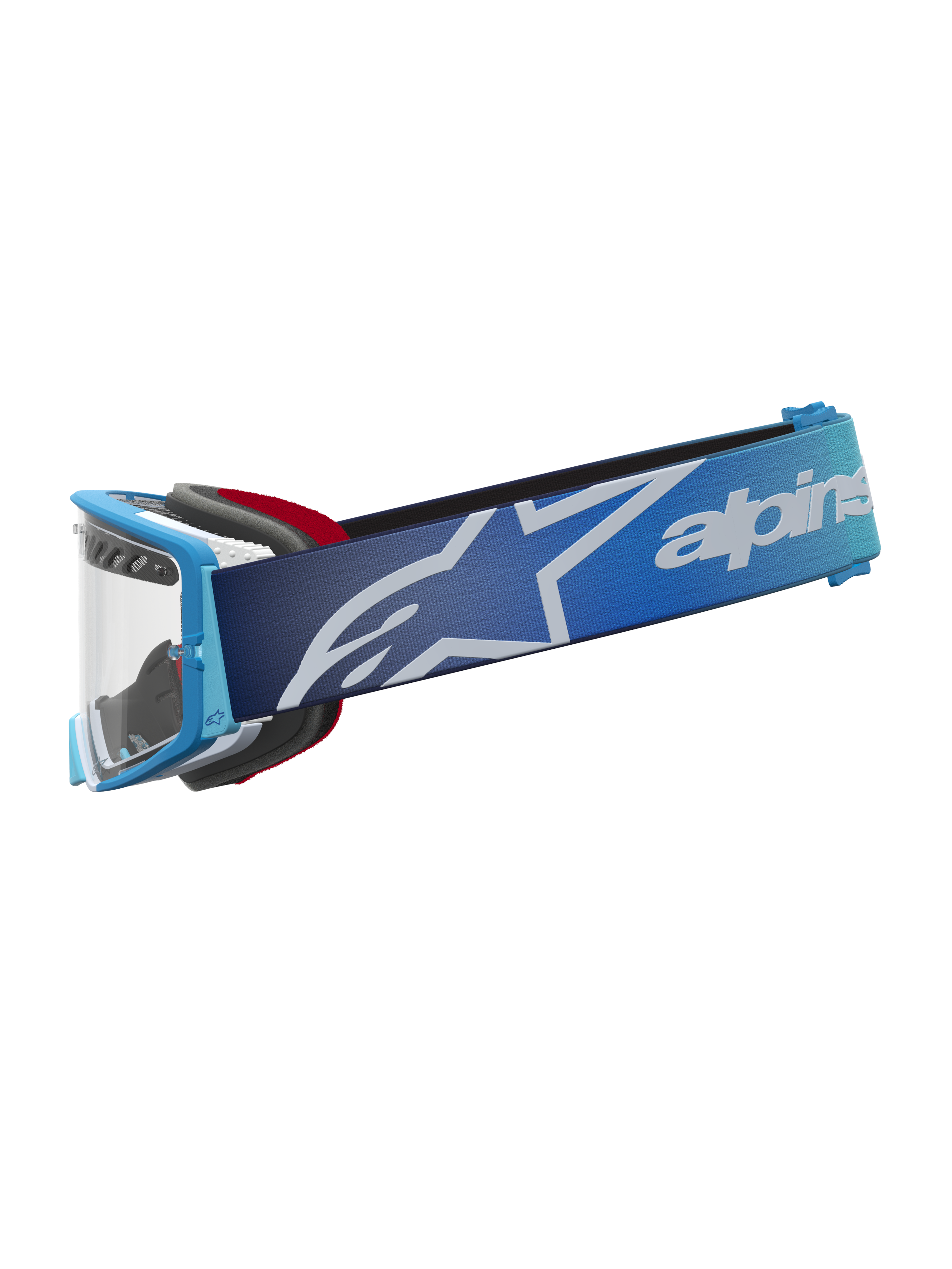 Alpinestars Supertech Dura Air Fluid, óculos de motocross, azul degradê e prateado, lente transparente e correia com logótipo.