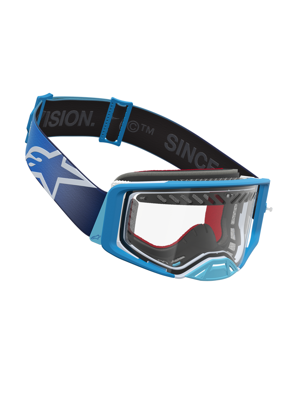 Alpinestars Óculos Supertech Dura Air Fluid, óculos de motocross, azuis e brancos, lente de policarbonato e alça larga.