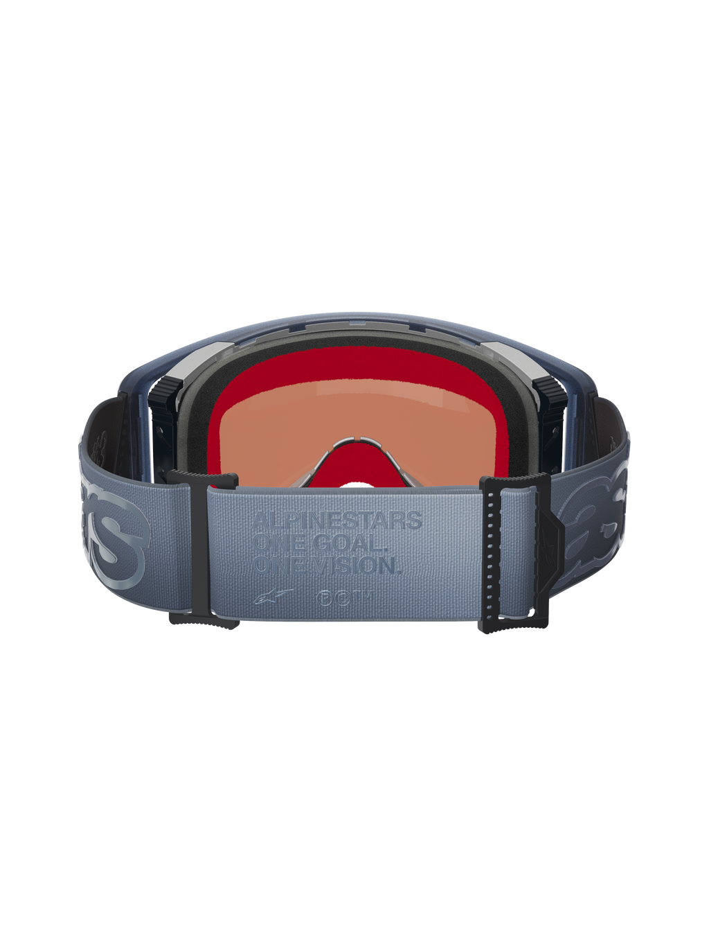 Alpinestars Supertech Vision Vista Goggles, vista traseira, correia ajustável em cinzento-azulado com texto em relevo 'ONE GOAL. ONE VISION.', espuma facial multicamadas preta, vista interior da lente colorida, concebidos para performance em motocross