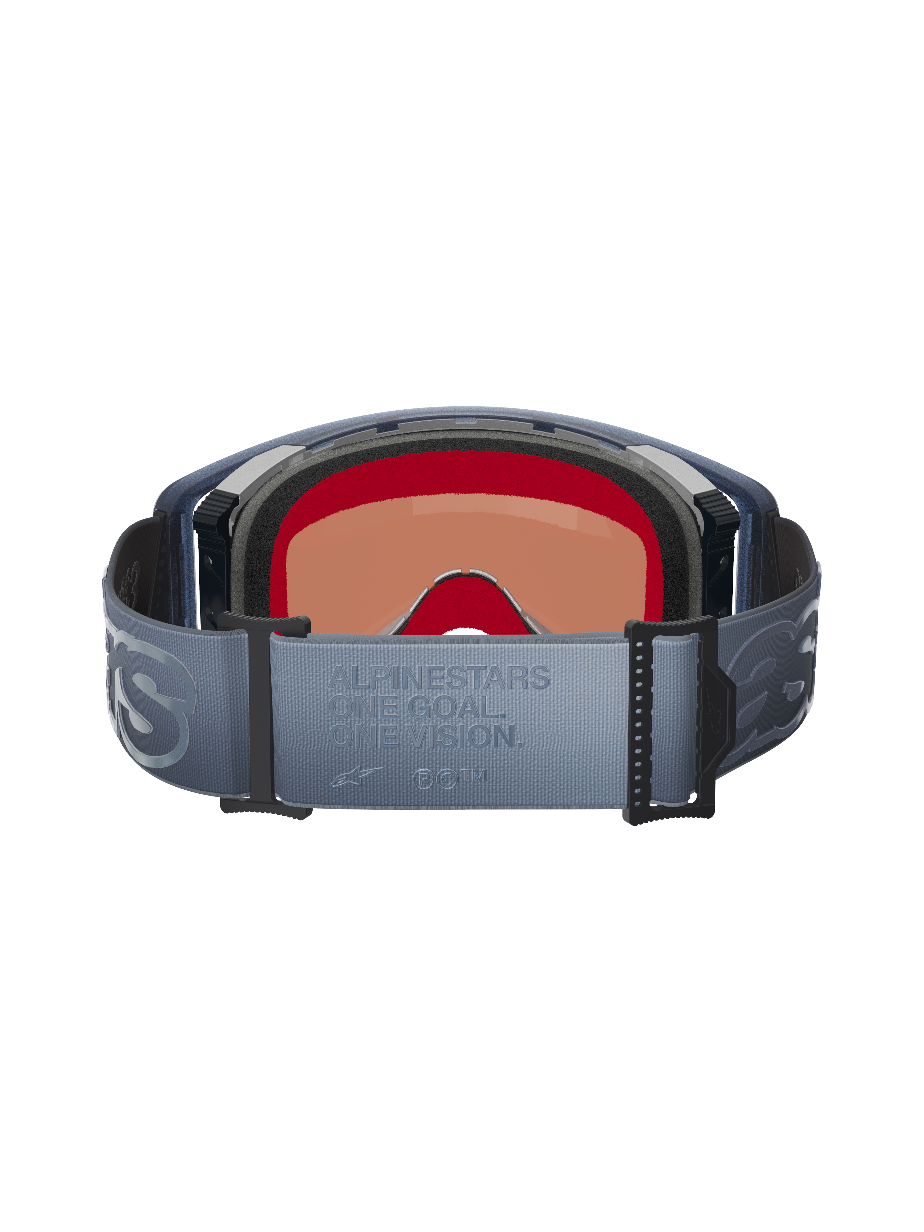 Alpinestars Supertech Vision Vista Goggles, vista traseira, correia ajustável em cinzento-azulado com texto em relevo 'ONE GOAL. ONE VISION.', espuma facial multicamadas preta, vista interior da lente colorida, concebidos para performance em motocross