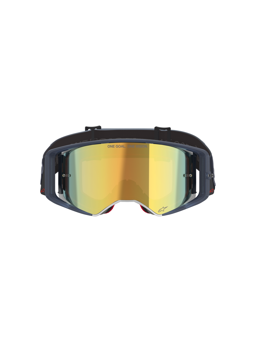 Óculos Alpinestars Supertech Vision Vista, óculos de motocross, Black Mirror Gold, vista frontal com lente espelhada dourada e armação escura, óculos profissionais de corrida todo-o-terreno com o texto "ONE GOAL. ONE VISION." e detalhes do logótipo.