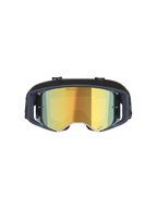 Óculos Alpinestars Supertech Vision Vista, óculos de motocross, Black Mirror Gold, vista frontal com lente espelhada dourada e armação escura, óculos profissionais de corrida todo-o-terreno com o texto "ONE GOAL. ONE VISION." e detalhes do logótipo.