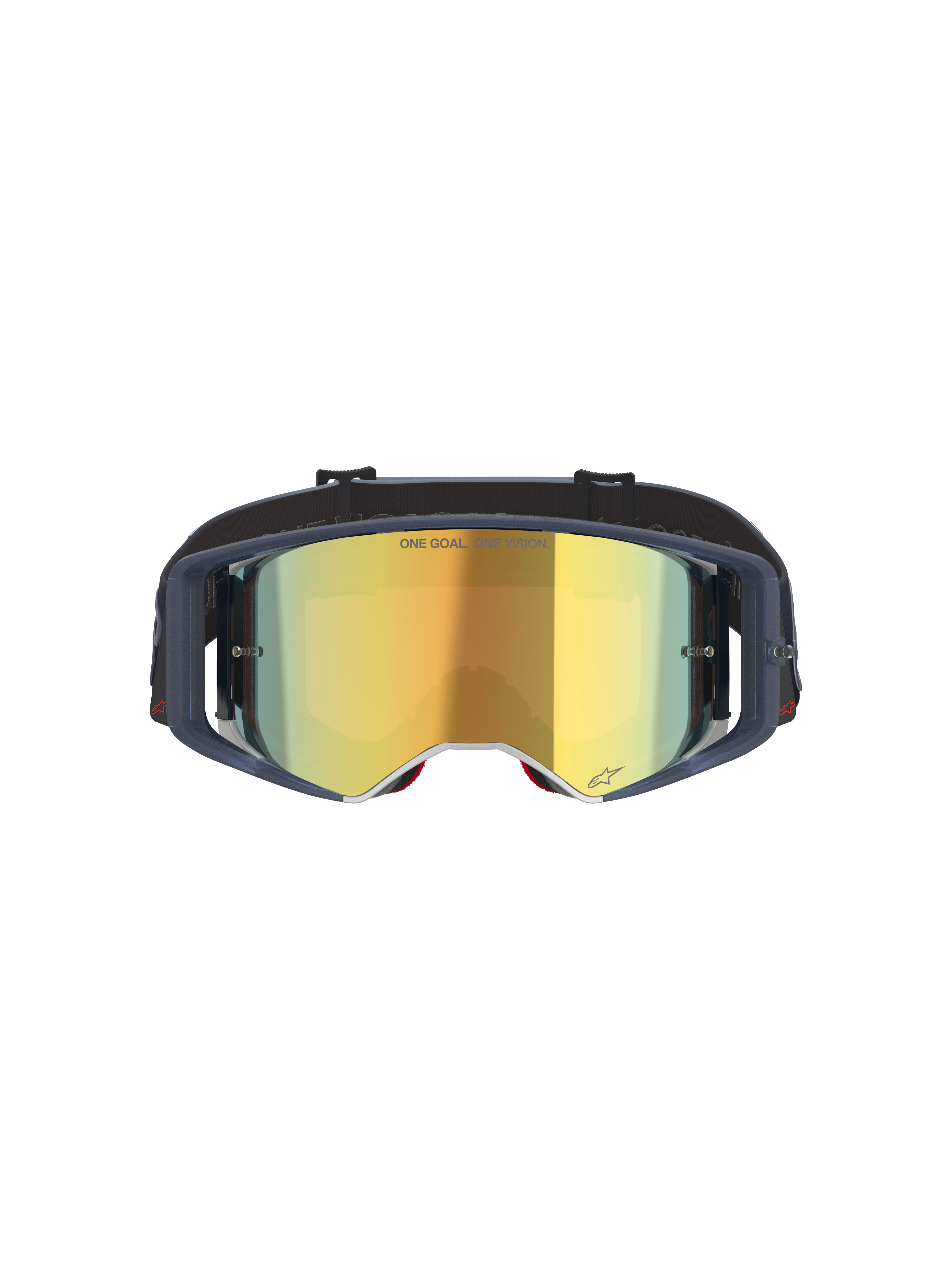 Óculos Alpinestars Supertech Vision Vista, óculos de motocross, Black Mirror Gold, vista frontal com lente espelhada dourada e armação escura, óculos profissionais de corrida todo-o-terreno com o texto "ONE GOAL. ONE VISION." e detalhes do logótipo.