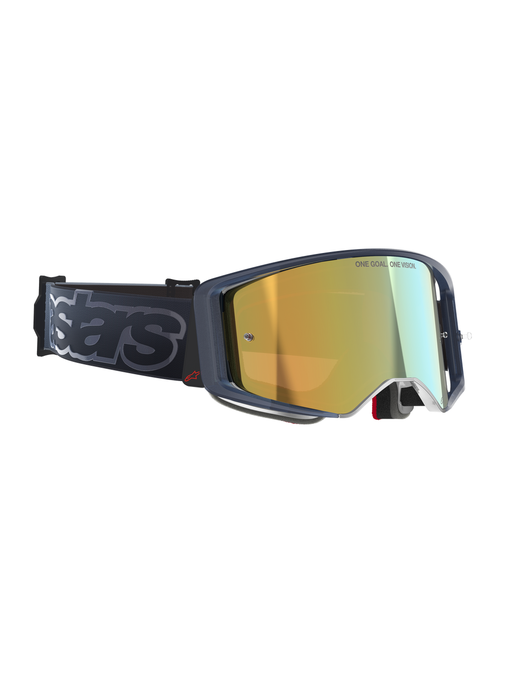 Óculos Alpinestars Supertech Vision Vista, óculos de motocross, Black Mirror Gold, lente espelhada dourada com a inscrição 'ONE GOAL. ONE VISION.', armação escura com detalhe do logótipo em vermelho, correia larga preta com a marca 'stars' em cinzento, óculos de alto desempenho para off-road