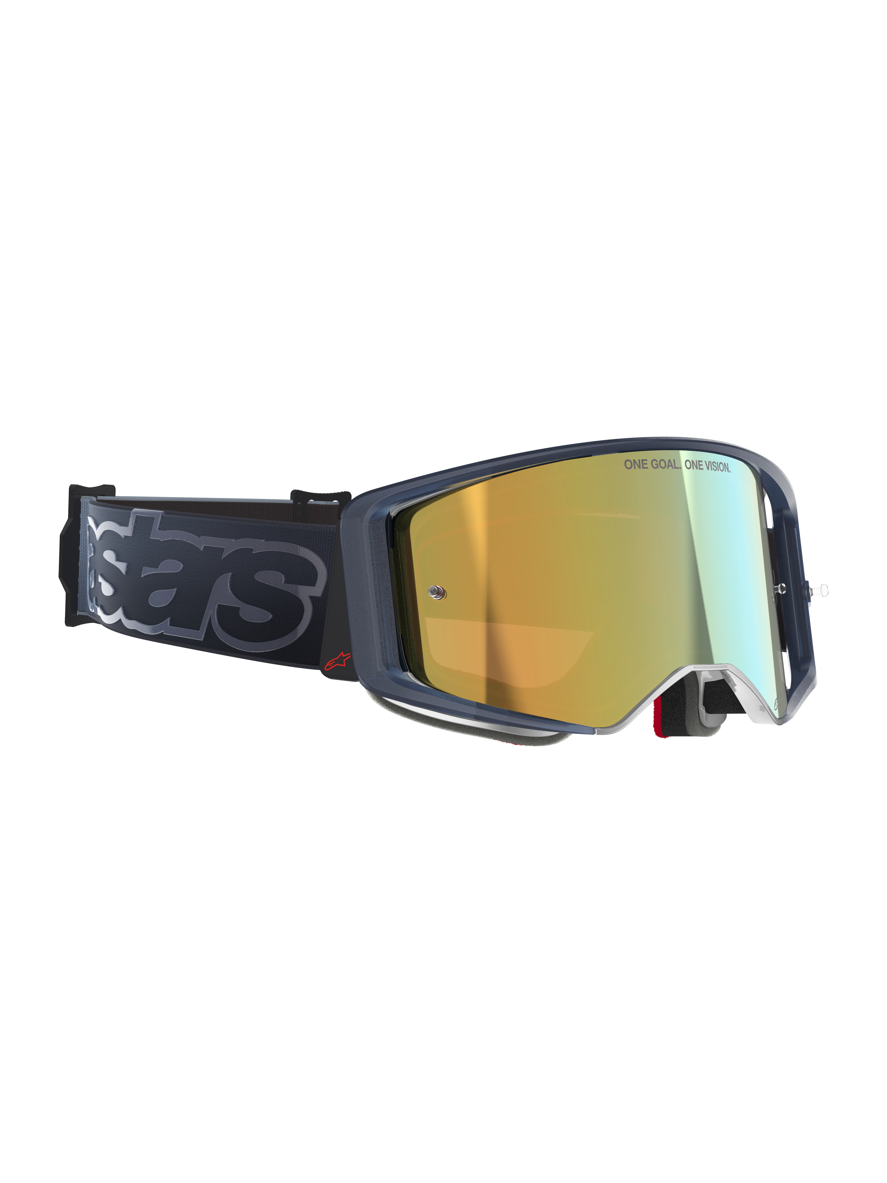 Óculos Alpinestars Supertech Vision Vista, óculos de motocross, Black Mirror Gold, lente espelhada dourada com a inscrição 'ONE GOAL. ONE VISION.', armação escura com detalhe do logótipo em vermelho, correia larga preta com a marca 'stars' em cinzento, óculos de alto desempenho para off-road