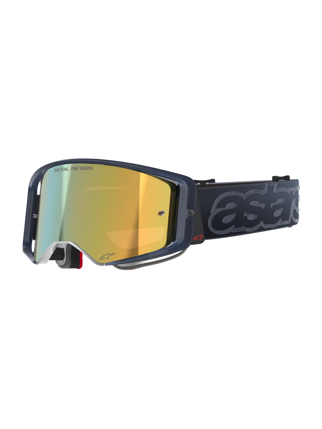 Óculos Alpinestars Supertech Vision Vista, óculos de motocross MX, cor Black Mirror Gold, estrutura translúcida escura, lente dourada espelhada com a inscrição "ONE GOAL. ONE VISION.", correia preta com marca "astars" cinzenta em relevo