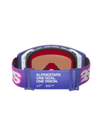 Alpinestars Supertech Vision Vista Goggles, Purple Fluo Pink Mirror Blue, rear view showing elastic strap with "ALPINESTARS ONE GOAL. ONE VISION." white text, pink Astar logos, purple frame with thick foam padding, professional off-road racing eyewear