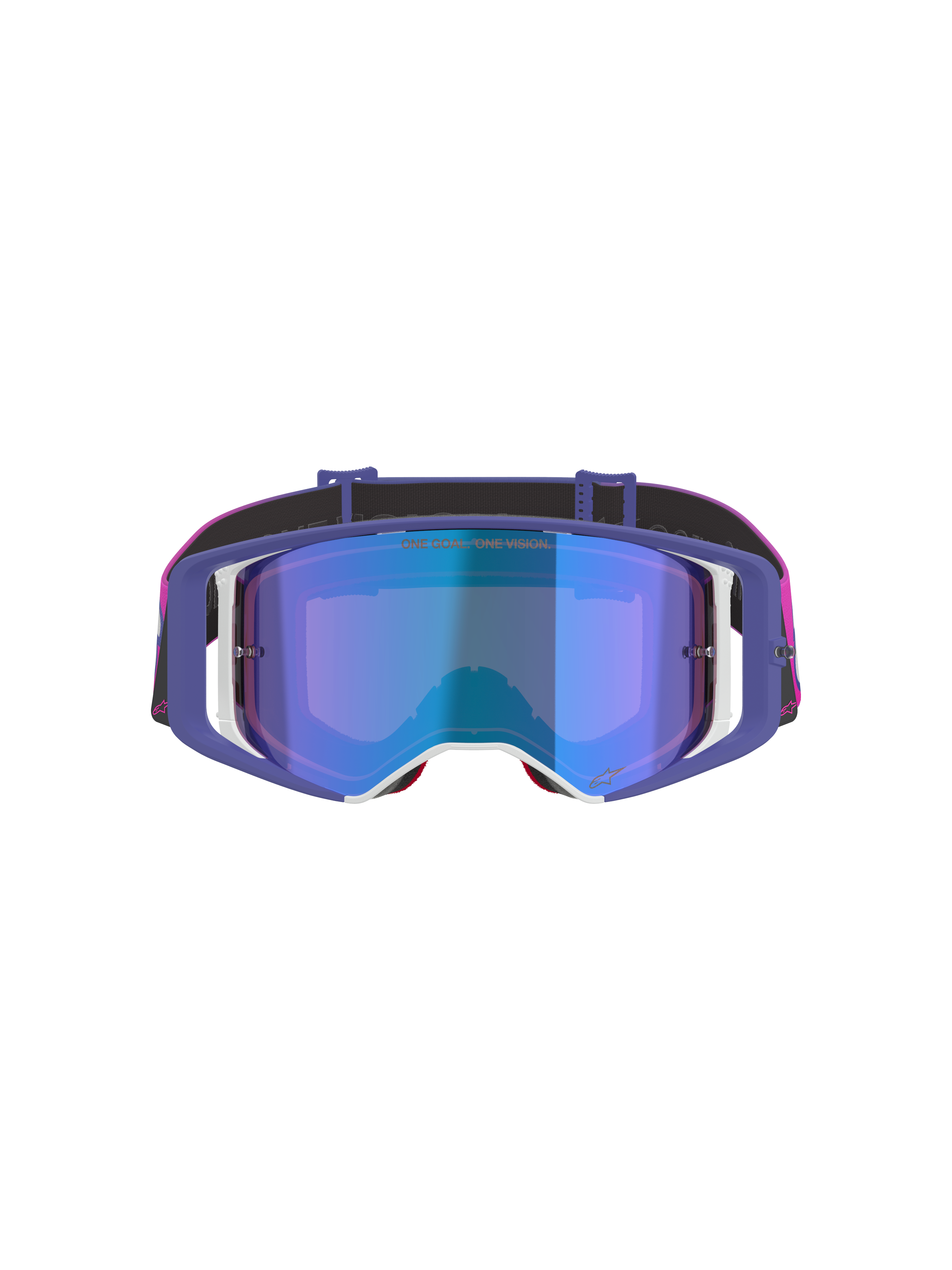 Alpinestars Supertech Vision Vista Goggles, Motocross Goggles, Purple Fluo Pink and Mirror Blue, front-facing view featuring a mirror blue tinted lens, purple frame with white accents, and a vibrant pink and black strap with Alpinestars branding.