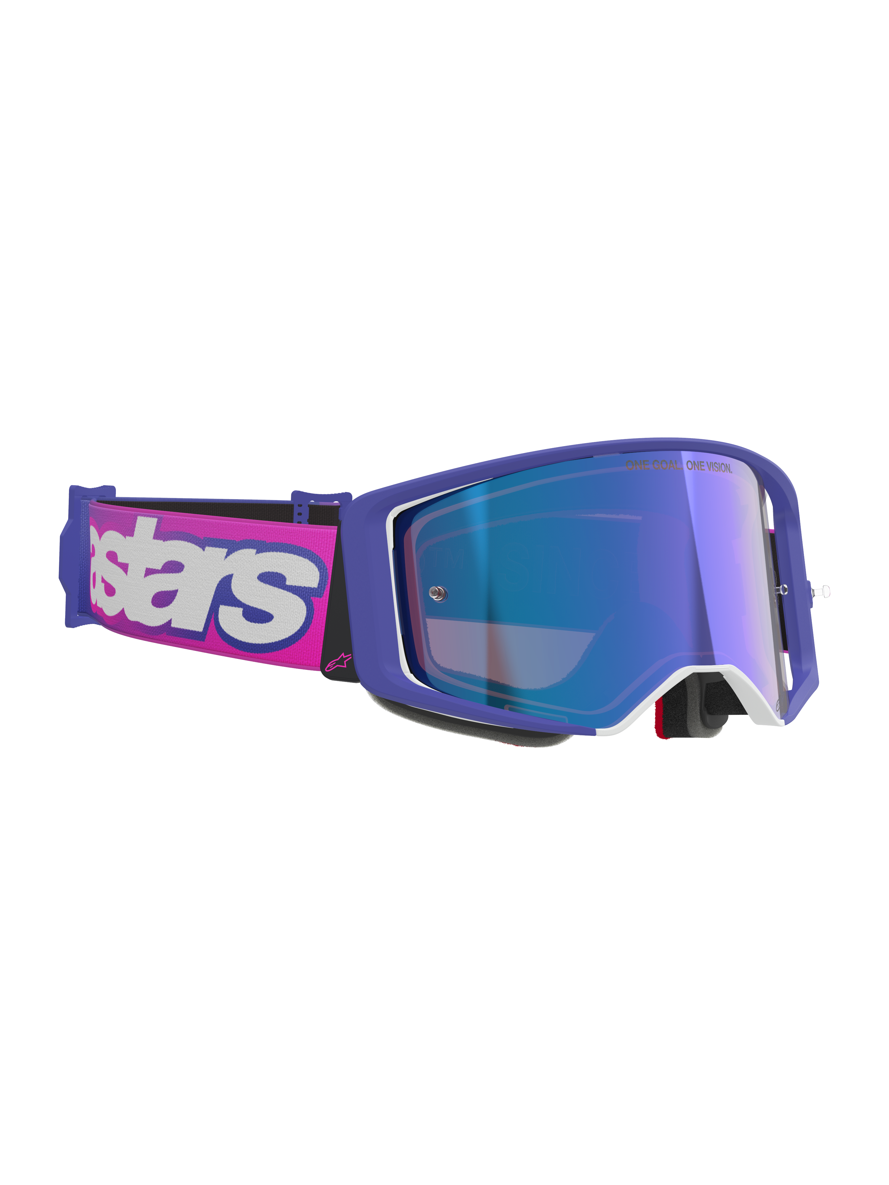 Alpinestars Supertech Vision Vista Goggles, Motocross Goggles, Purple and Fluorescent Pink frame with Mirror Blue reflective lens, pink strap with bold white Alpinestars branding, professional off-road eyewear