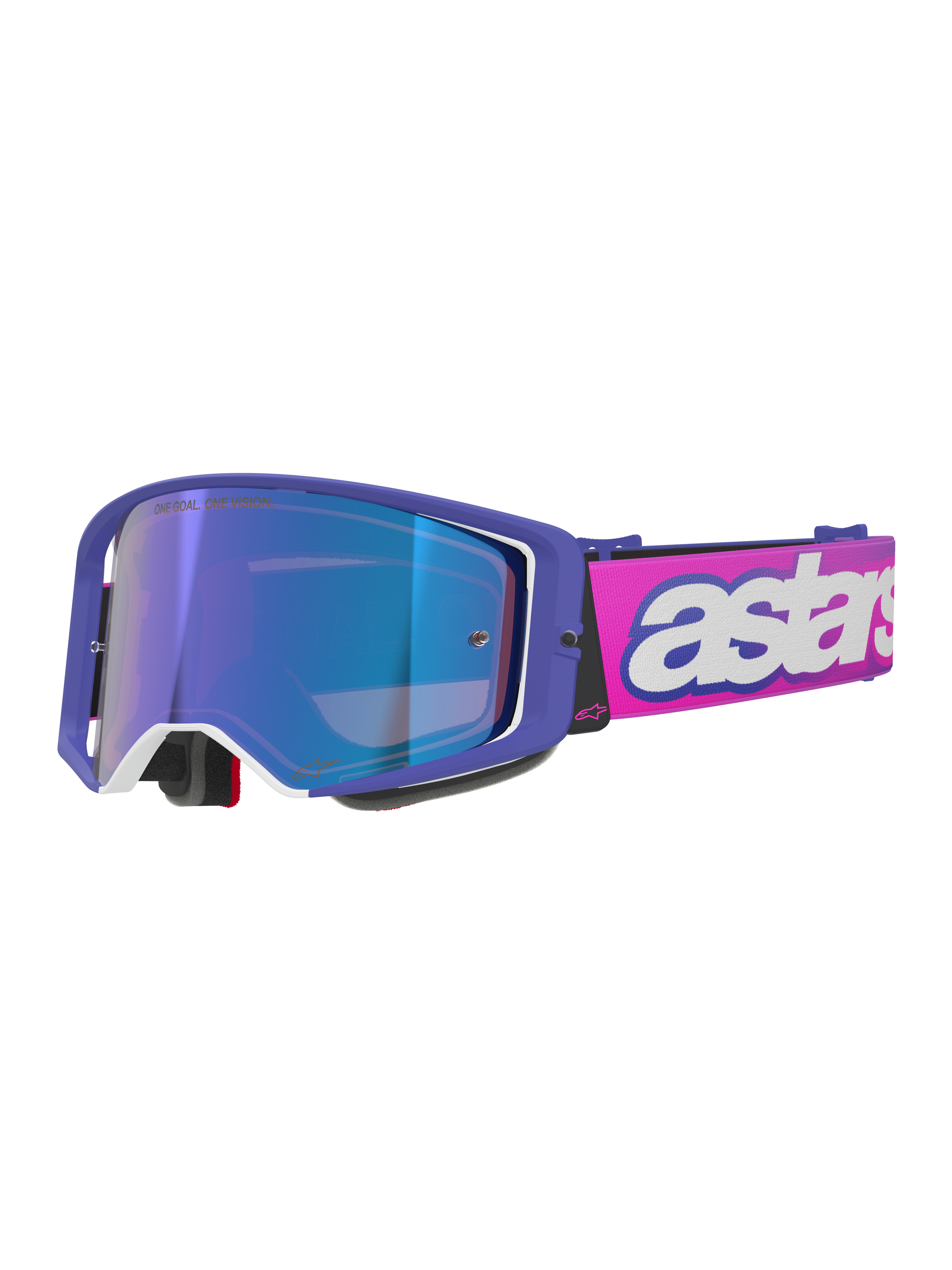 Óculos Alpinestars Supertech Vision Vista, óculos de motocross, armação roxa com pormenores brancos e lente espelhada azul, fita rosa néon com logótipo 'astars' branco em destaque, óculos de proteção profissionais para competição de todo-o-terreno