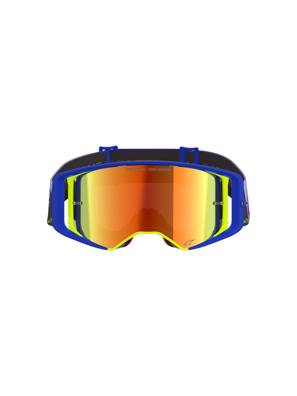 Óculos Alpinestars Supertech Vision Vista, óculos de motocross, armação azul e amarela com lente vermelha espelhada, com reflexos roxos e laranja, texto 'ONE GOAL. ONE VISION.' na lente, óculos de alto desempenho profissional para todo-o-terreno
