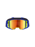 Óculos Alpinestars Supertech Vision Vista, óculos de motocross, armação azul e amarela com lente vermelha espelhada, com reflexos roxos e laranja, texto 'ONE GOAL. ONE VISION.' na lente, óculos de alto desempenho profissional para todo-o-terreno