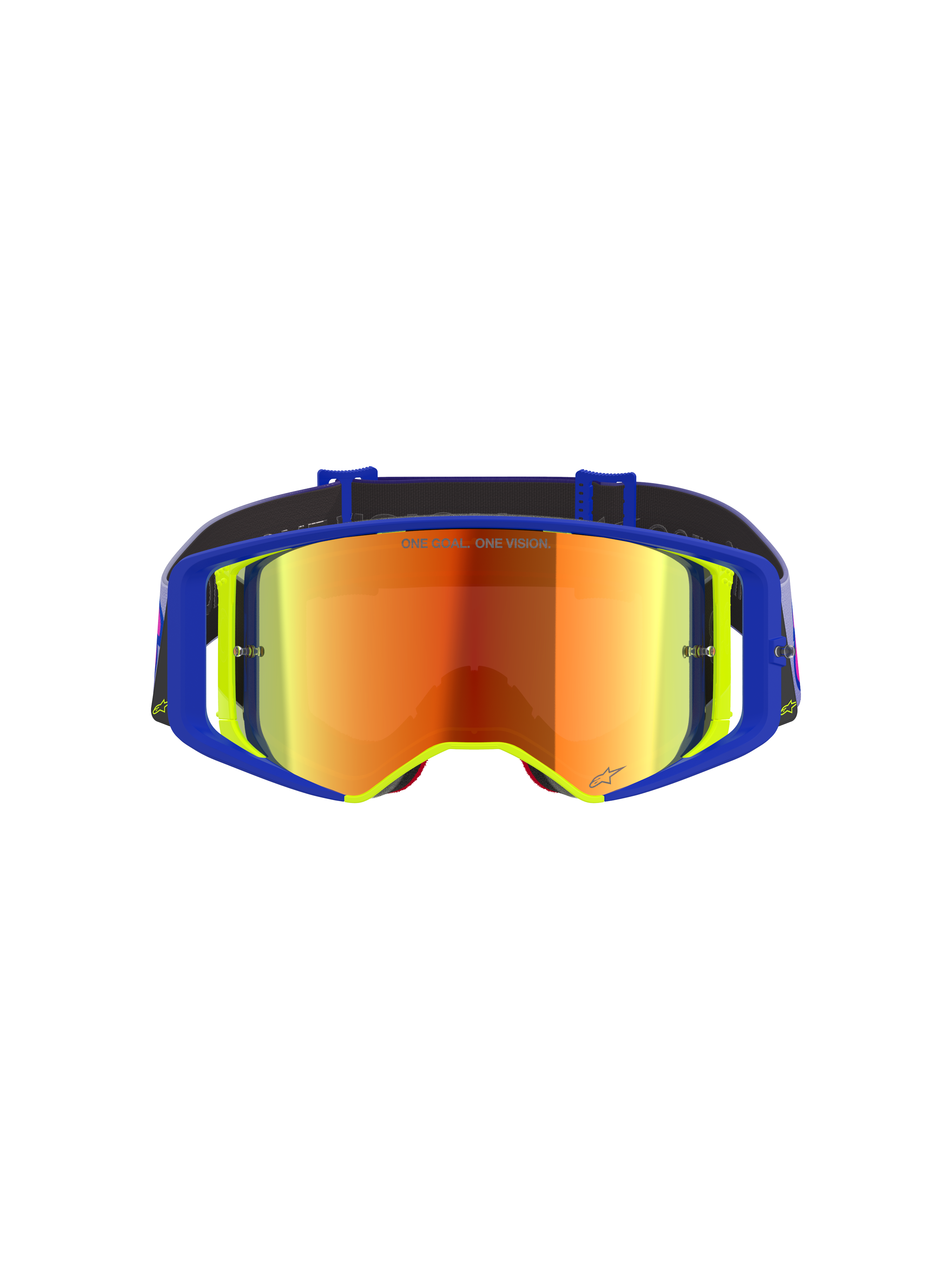 Óculos Alpinestars Supertech Vision Vista, óculos de motocross, armação azul e amarela com lente vermelha espelhada, com reflexos roxos e laranja, texto 'ONE GOAL. ONE VISION.' na lente, óculos de alto desempenho profissional para todo-o-terreno