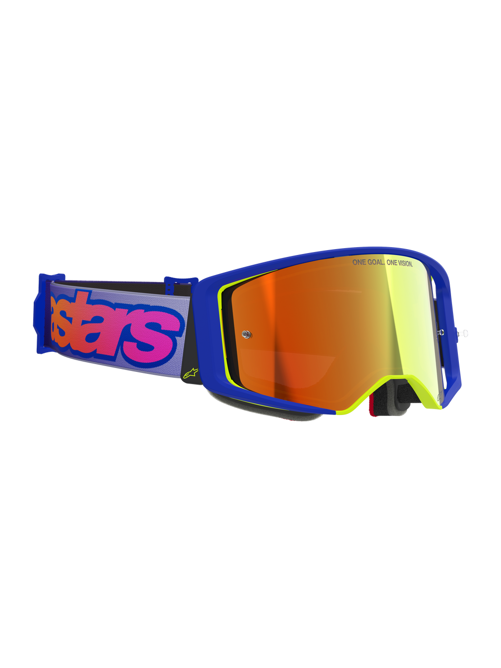 Alpinestars Supertech Vision Vista Goggles, óculos de motocross, armação azul e amarela com lente espelhada vermelha, fita roxa com logótipo Alpinestars em cor-de-rosa vibrante, óculos de proteção profissional para corridas off-road