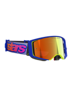 Alpinestars Supertech Vision Vista Goggles, óculos de motocross, armação azul e amarela com lente espelhada vermelha, fita roxa com logótipo Alpinestars em cor-de-rosa vibrante, óculos de proteção profissional para corridas off-road