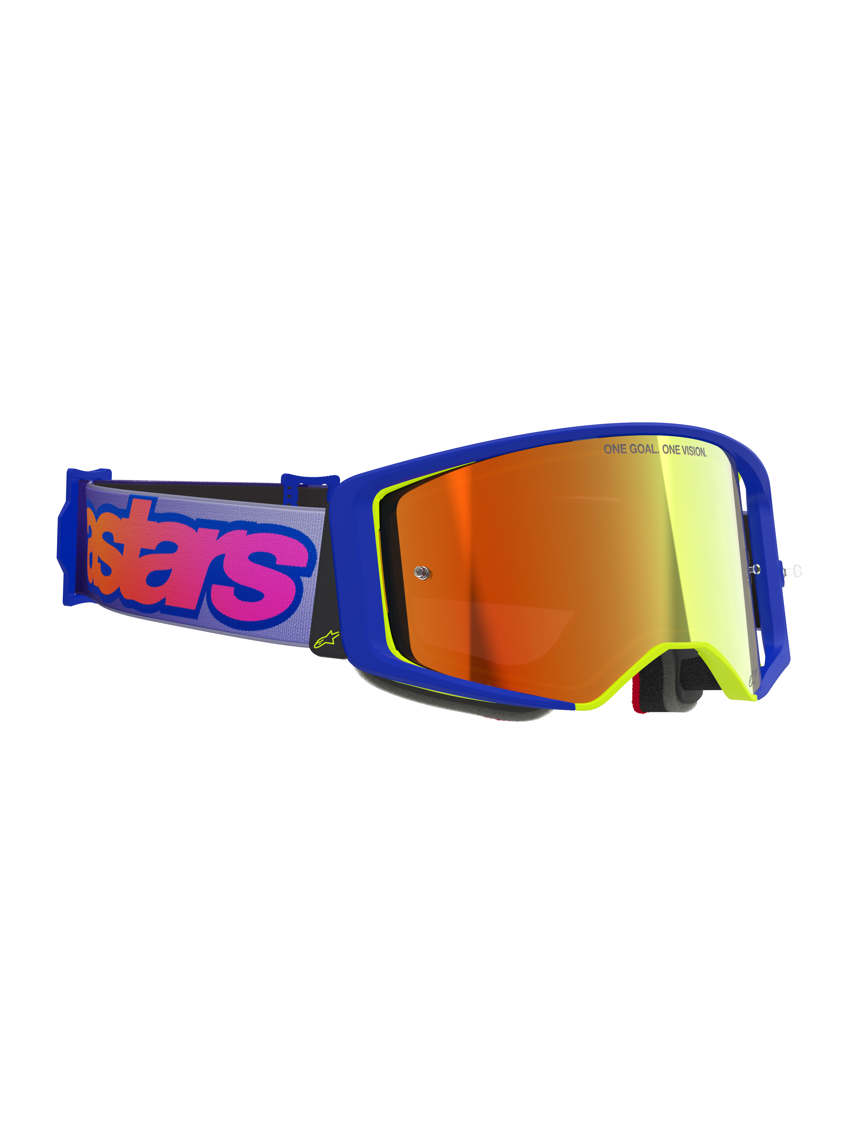 Alpinestars Supertech Vision Vista Goggles, óculos de motocross, armação azul e amarela com lente espelhada vermelha, fita roxa com logótipo Alpinestars em cor-de-rosa vibrante, óculos de proteção profissional para corridas off-road