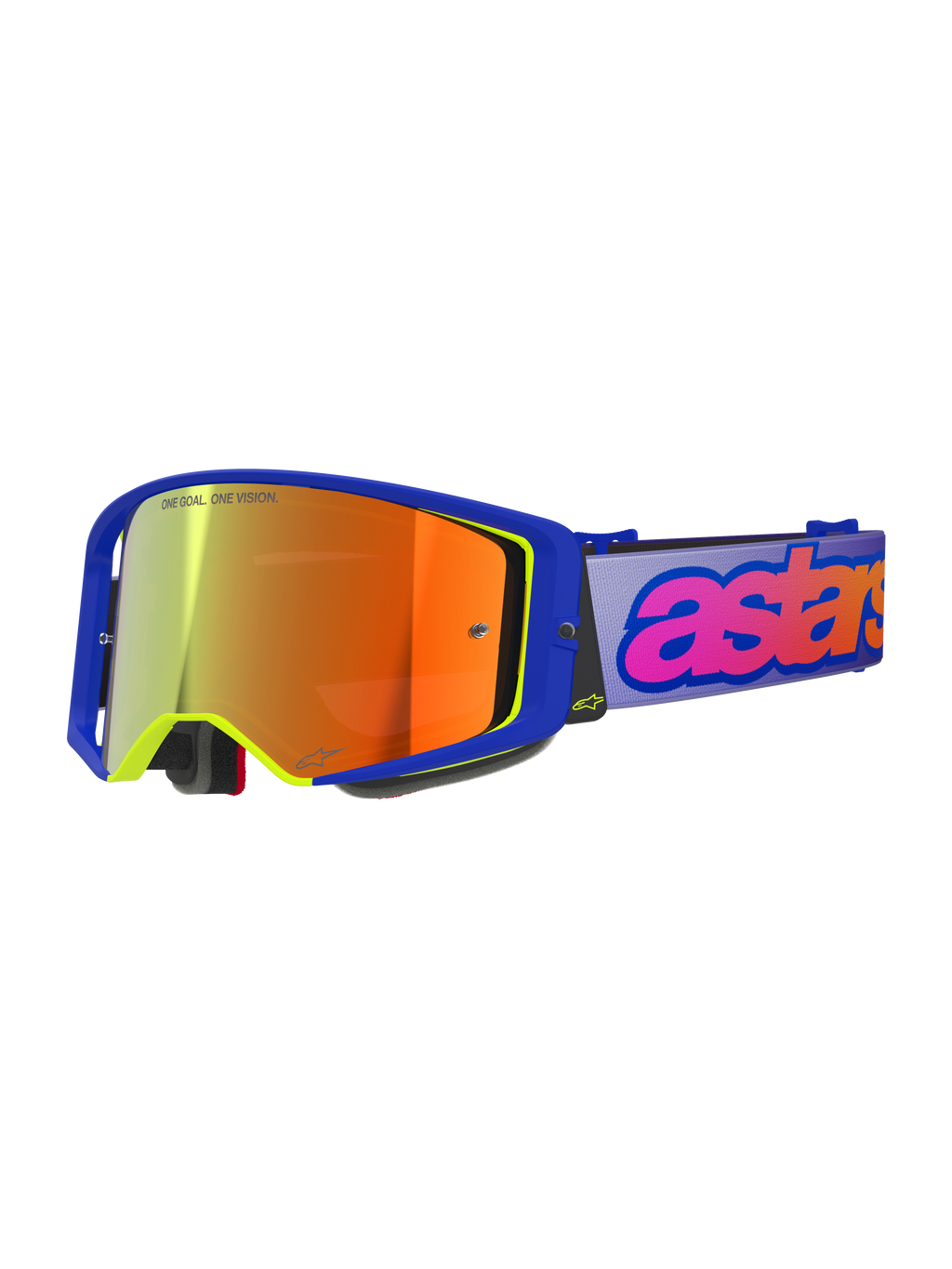 Alpinestars Supertech Vision Vista Goggles, óculos de motocross, armação azul com detalhes em amarelo néon, lente espelhada laranja-avermelhada, correia roxo claro com logótipo 'astars' em cor-de-rosa e laranja, texto 'ONE GOAL. ONE VISION.' na lente