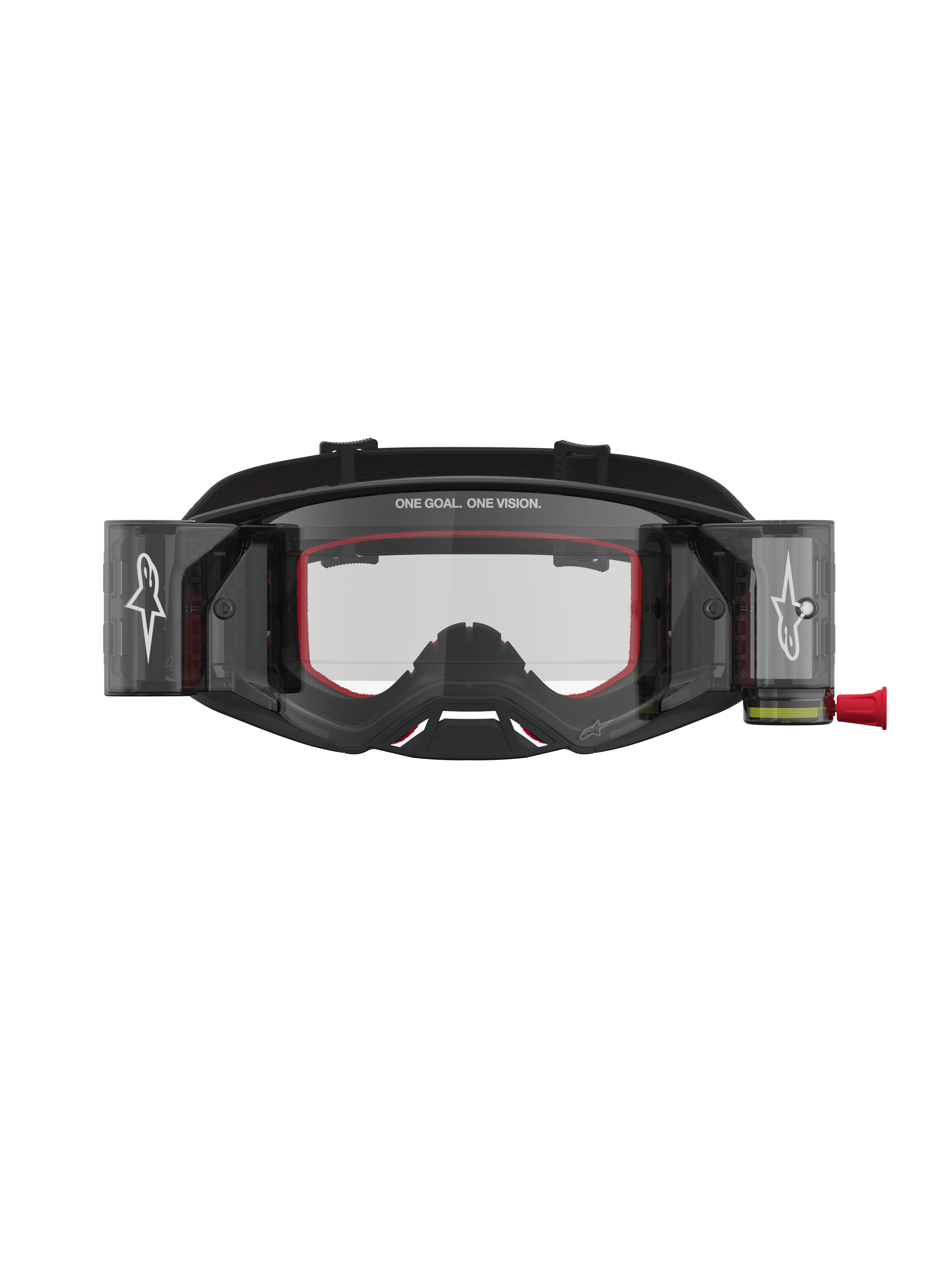 Alpinestars Óculos Supertech Firma Roll Off, óculos de motocross para competição, pretos e prateados com pormenores vermelhos, sistema Roll-Off e lente transparente