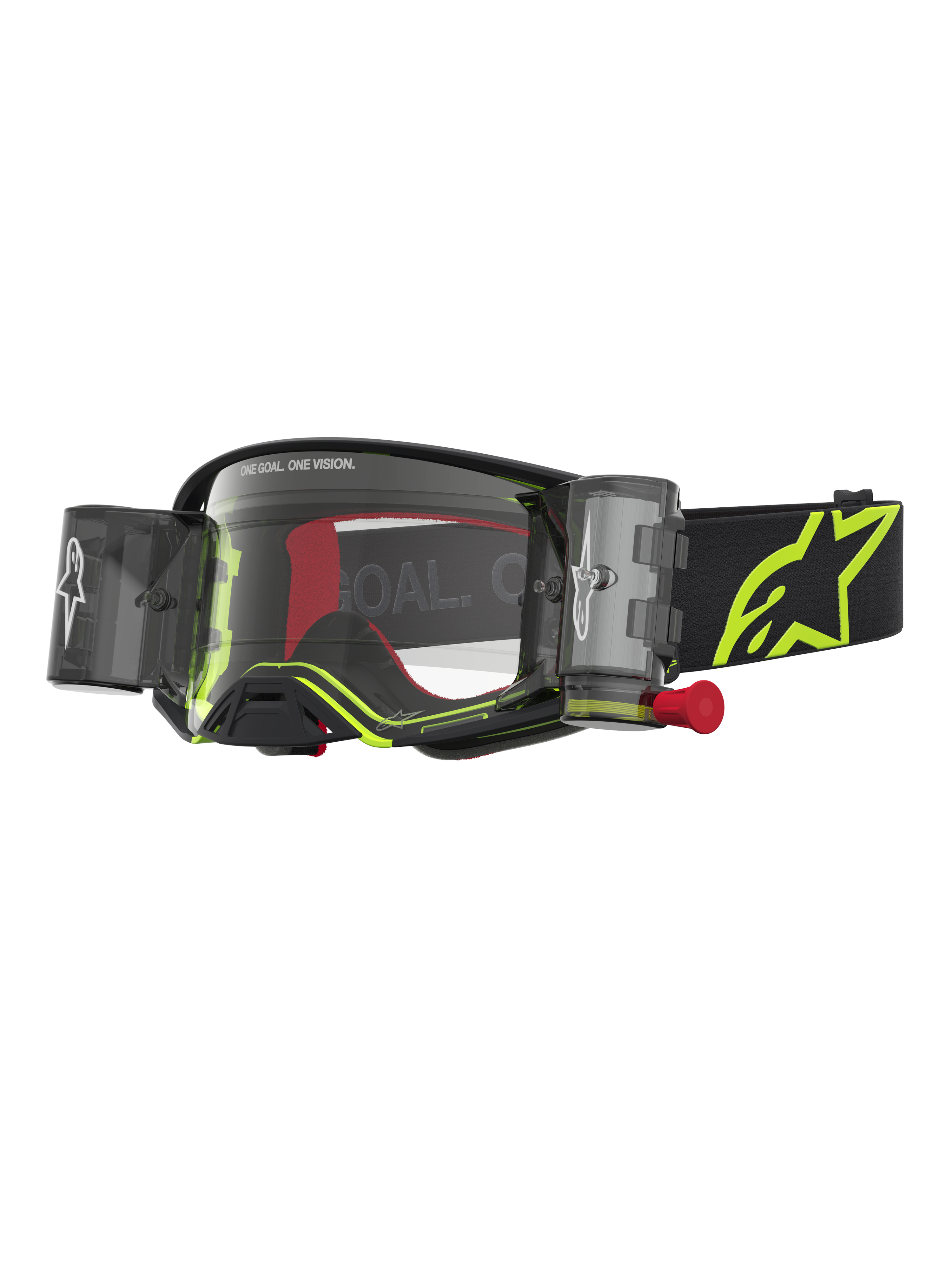 Alpinestars Supertech Firma Roll Off, óculos de motocross pretos e amarelo fluo com sistema roll-off e lente transparente.