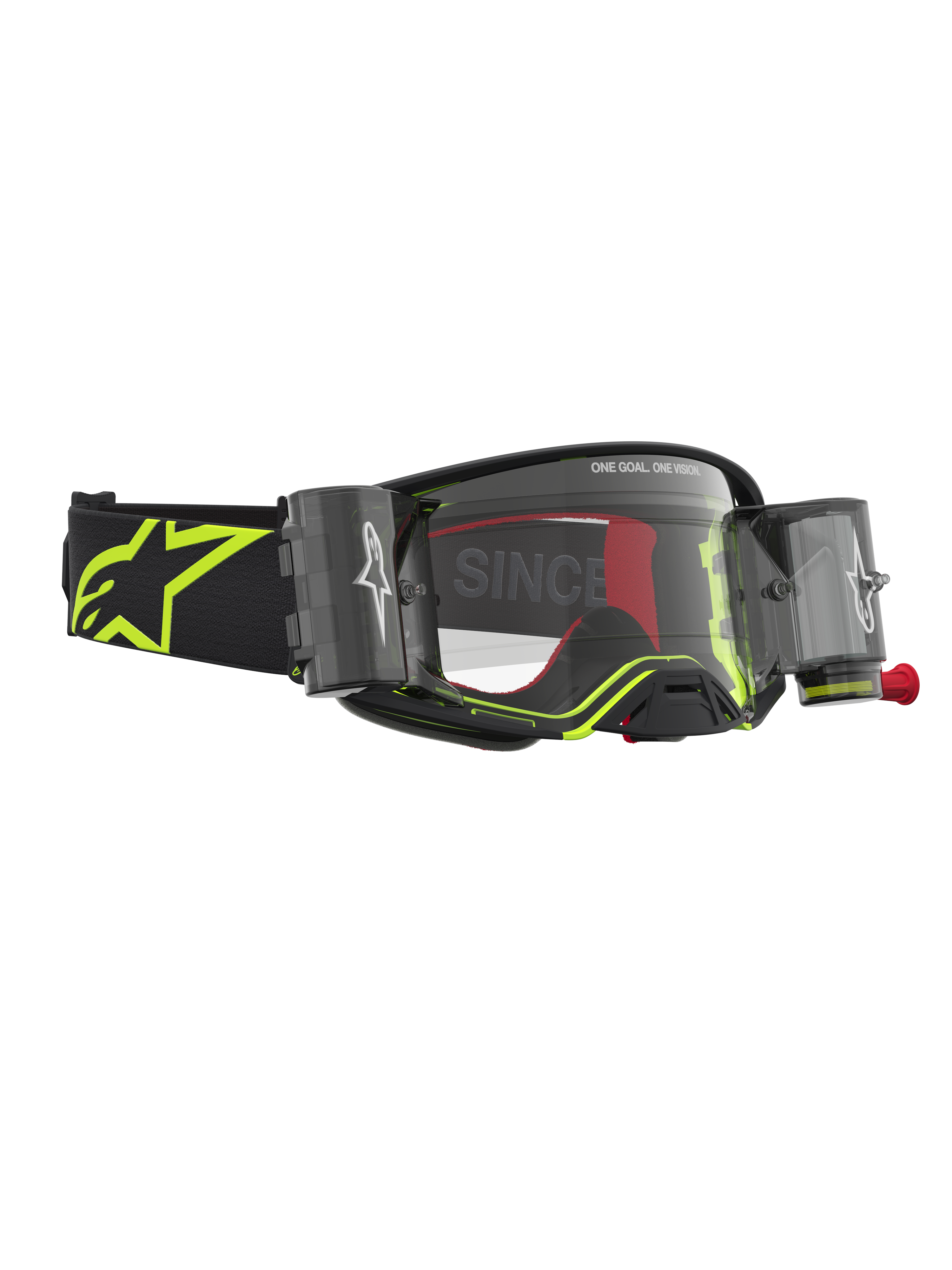 Alpinestars Supertech Firma Roll Off, óculos de motocross pretos e amarelos fluo, sistema roll-off e lente transparente.