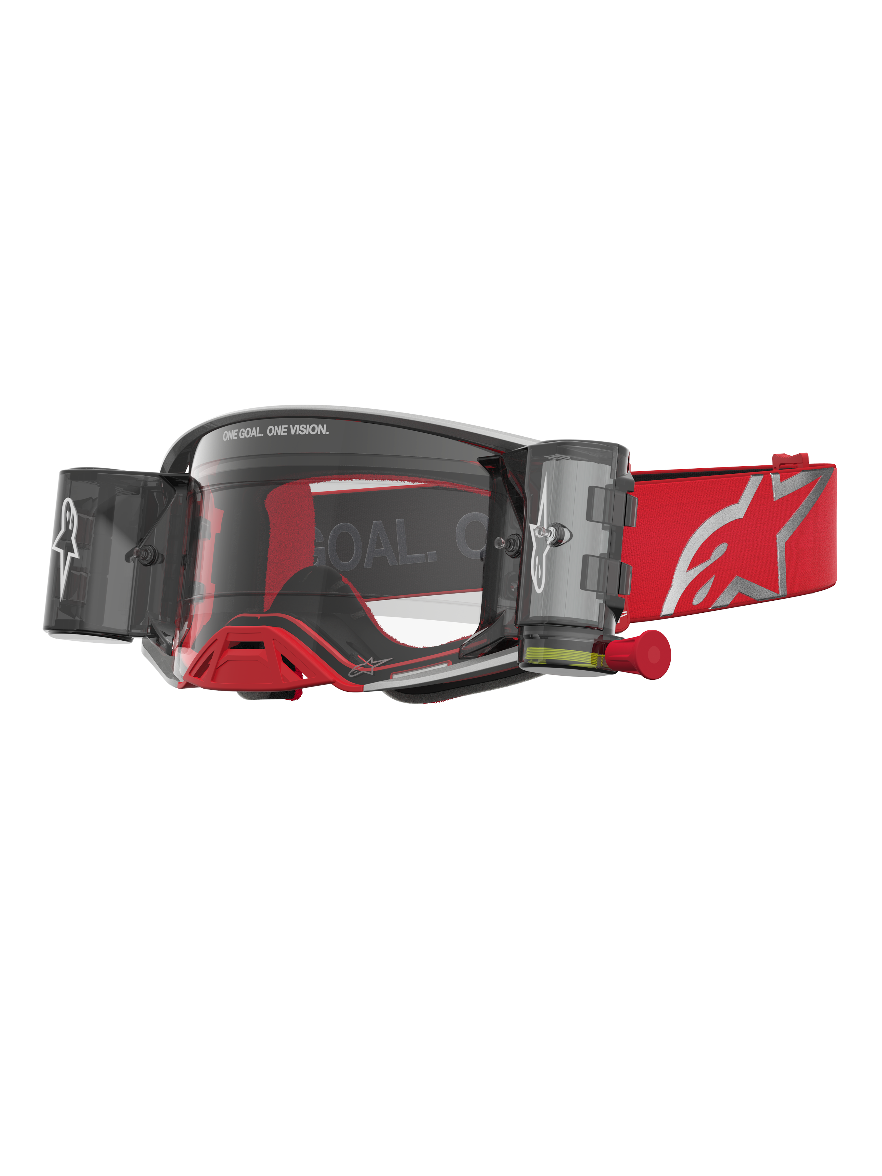 Alpinestars Supertech Firma Roll Off, óculos de motocross vermelhos e prateados com sistema roll-off e lentes transparentes.