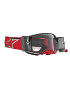 Alpinestars Supertech Firma Roll Off, óculos de motocross vermelhos e prateados com sistema roll-off para visão clara.