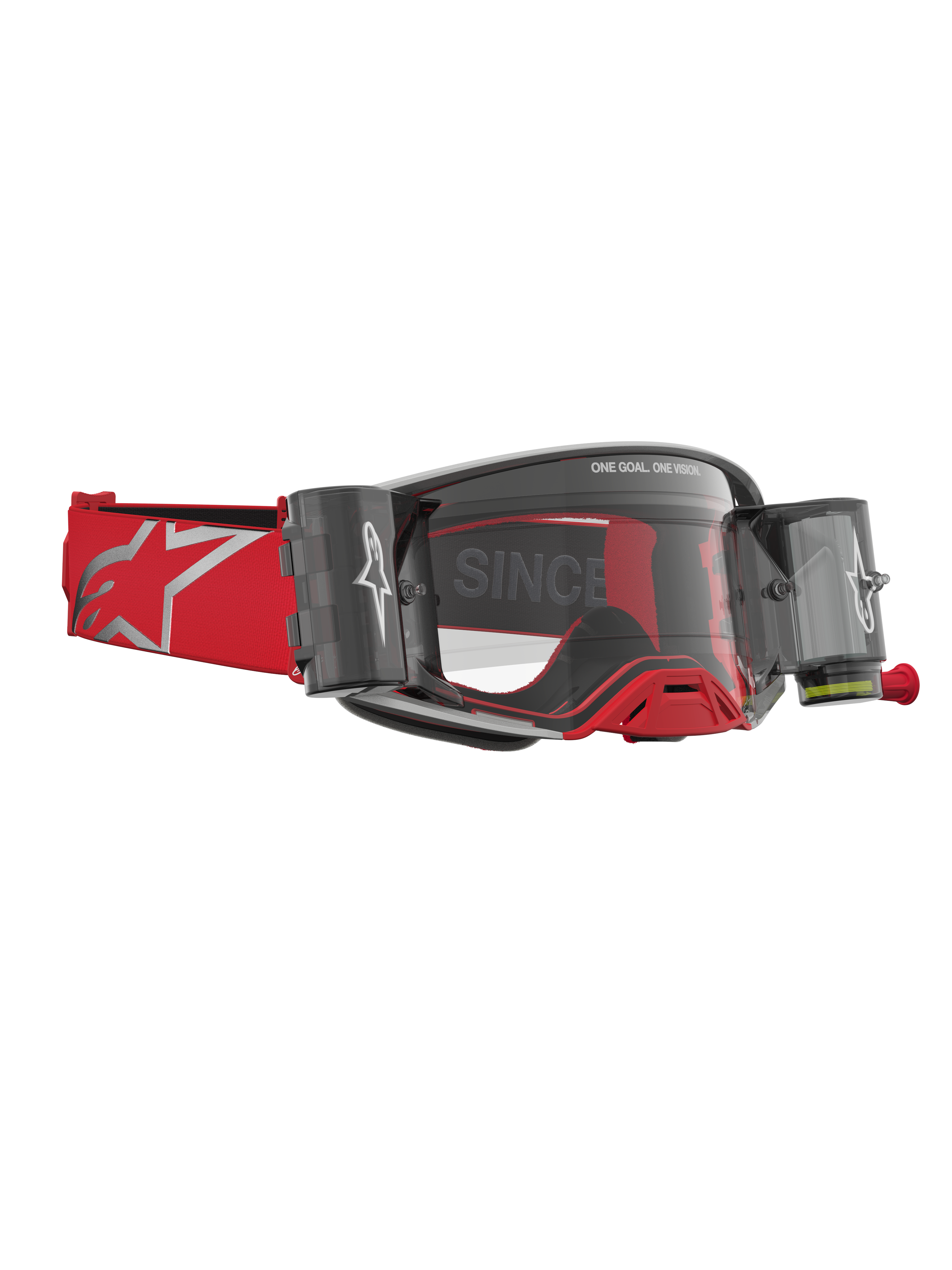 Alpinestars Supertech Firma Roll Off, óculos de motocross vermelhos e prateados com sistema roll-off para visão clara.