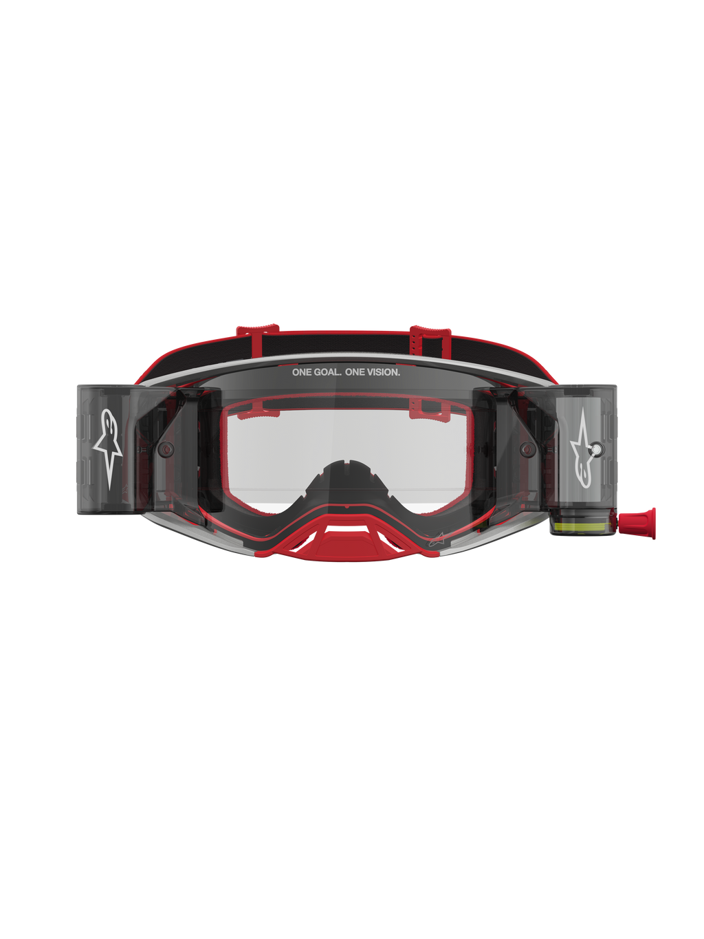 Alpinestars óculos Supertech Firma Roll Off, óculos de motocross vermelhos e prateados com lentes transparentes e sistema roll-off integrado para competições off-road.
