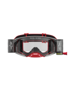 Alpinestars óculos Supertech Firma Roll Off, óculos de motocross vermelhos e prateados com lentes transparentes e sistema roll-off integrado para competições off-road.