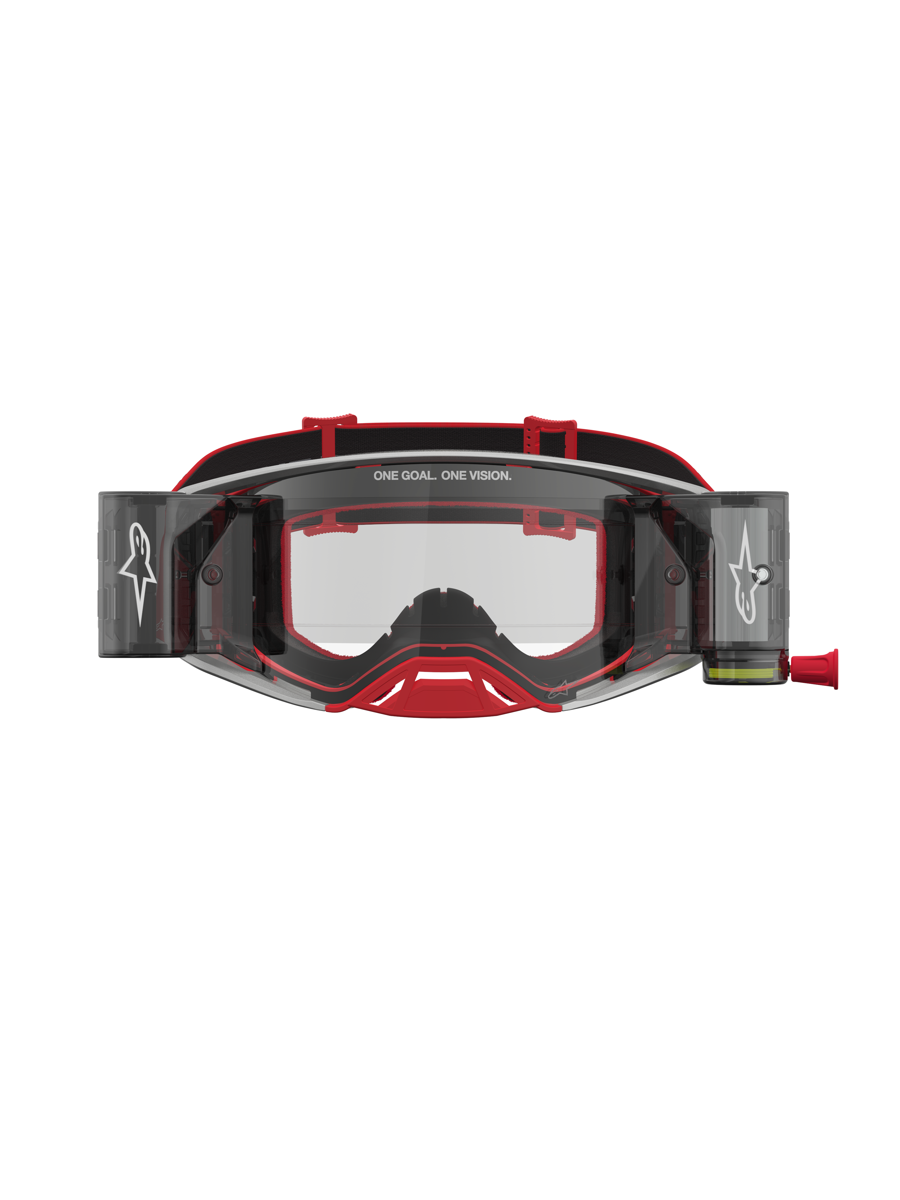 Alpinestars óculos Supertech Firma Roll Off, óculos de motocross vermelhos e prateados com lentes transparentes e sistema roll-off integrado para competições off-road.