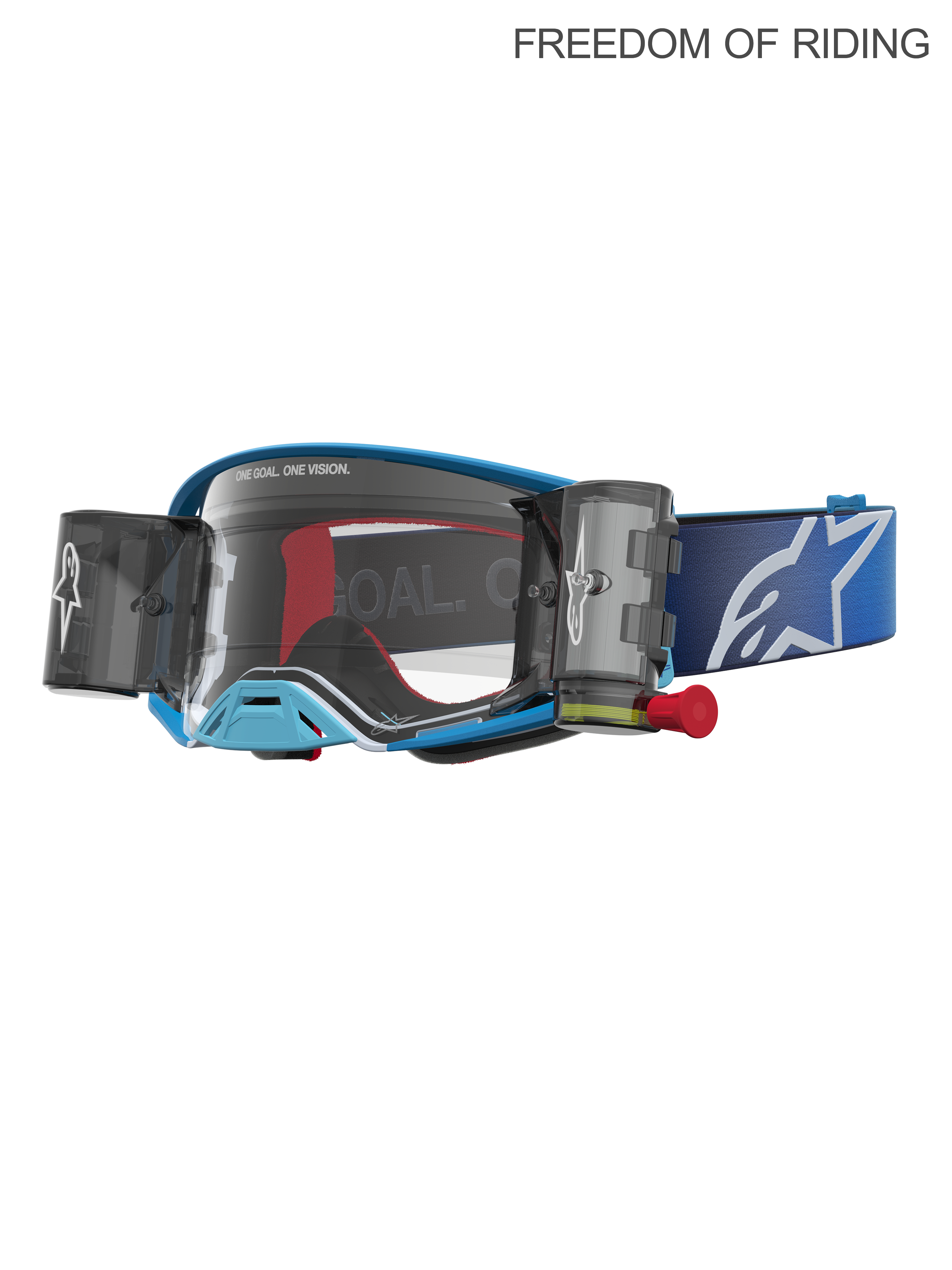 Alpinestars Óculos Supertech Firma Roll Off, óculos de motocross e racing todo-o-terreno, unissexo, azuis e prateados, com sistema roll-off integrado para visão clara, lente de policarbonato de alta clareza e fita ajustável azul com logótipo branco. Equipamento de performance para supercross e MX.