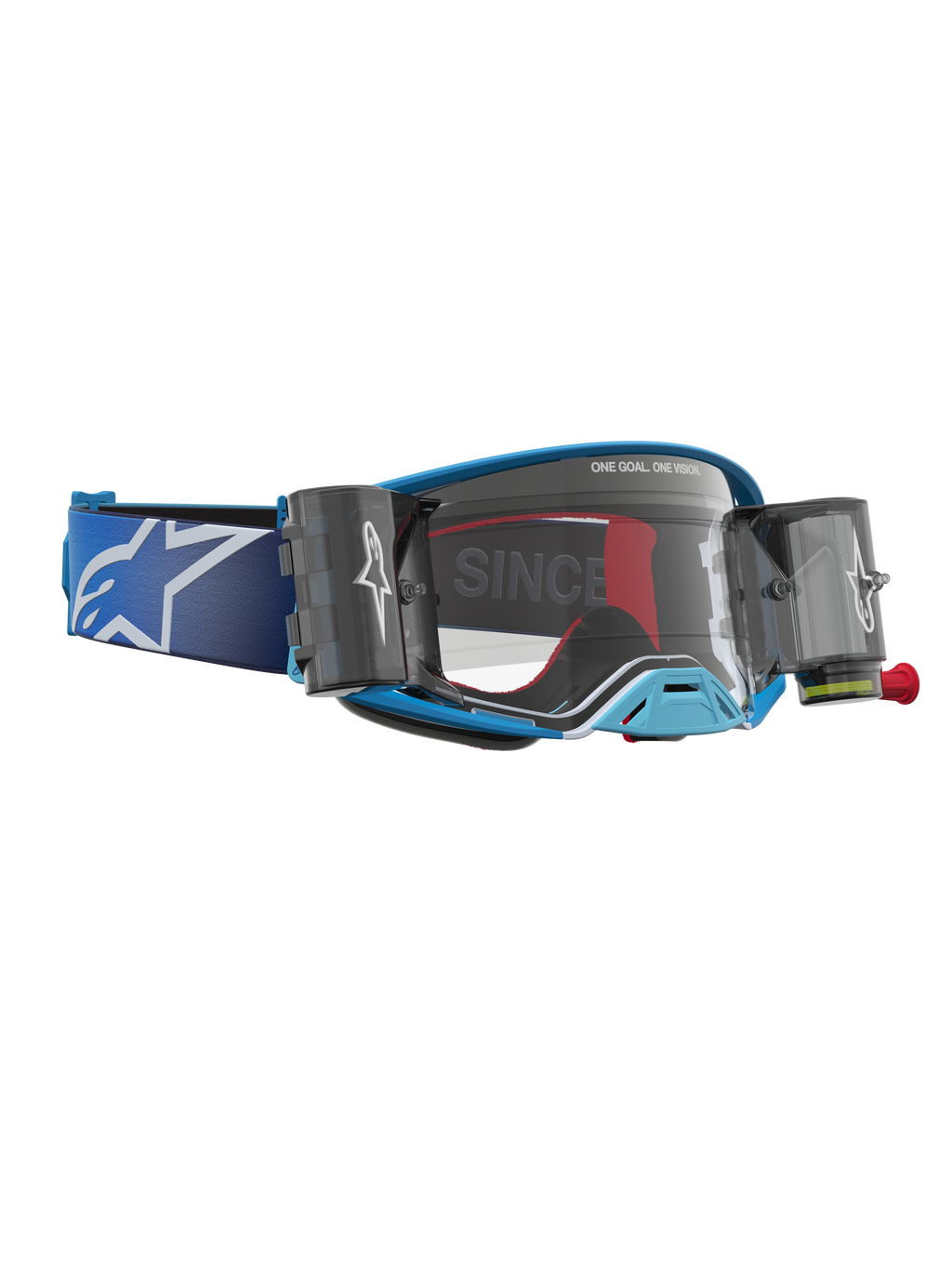 Alpinestars Óculos Supertech Firma Roll Off, óculos de motocross para todo-o-terreno, azuis e prateados, com sistema roll-off e lente transparente.