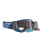 Alpinestars Óculos Supertech Firma Roll Off, óculos de motocross para todo-o-terreno, azuis e prateados, com sistema roll-off e lente transparente.