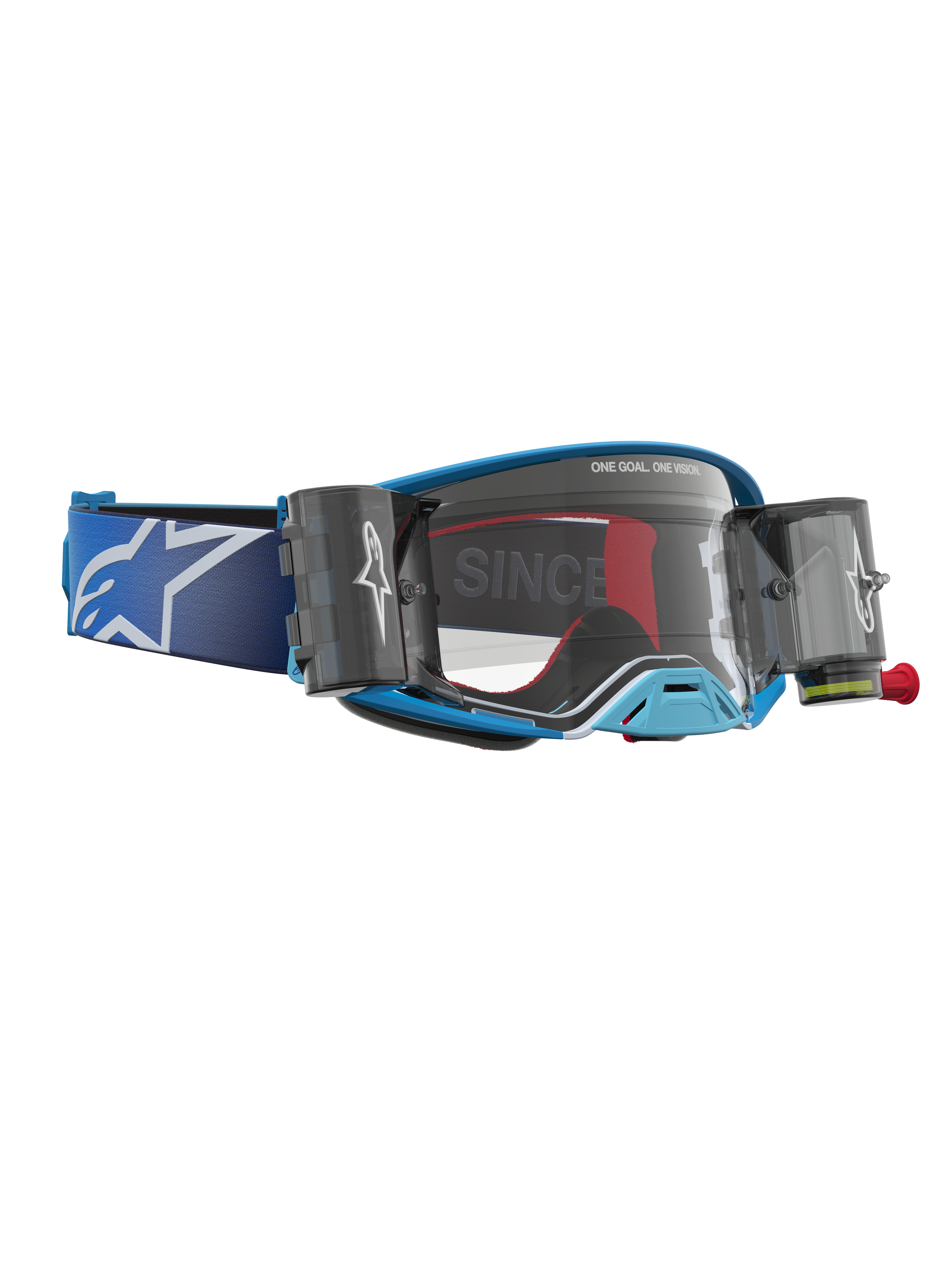 Alpinestars Óculos Supertech Firma Roll Off, óculos de motocross para todo-o-terreno, azuis e prateados, com sistema roll-off e lente transparente.