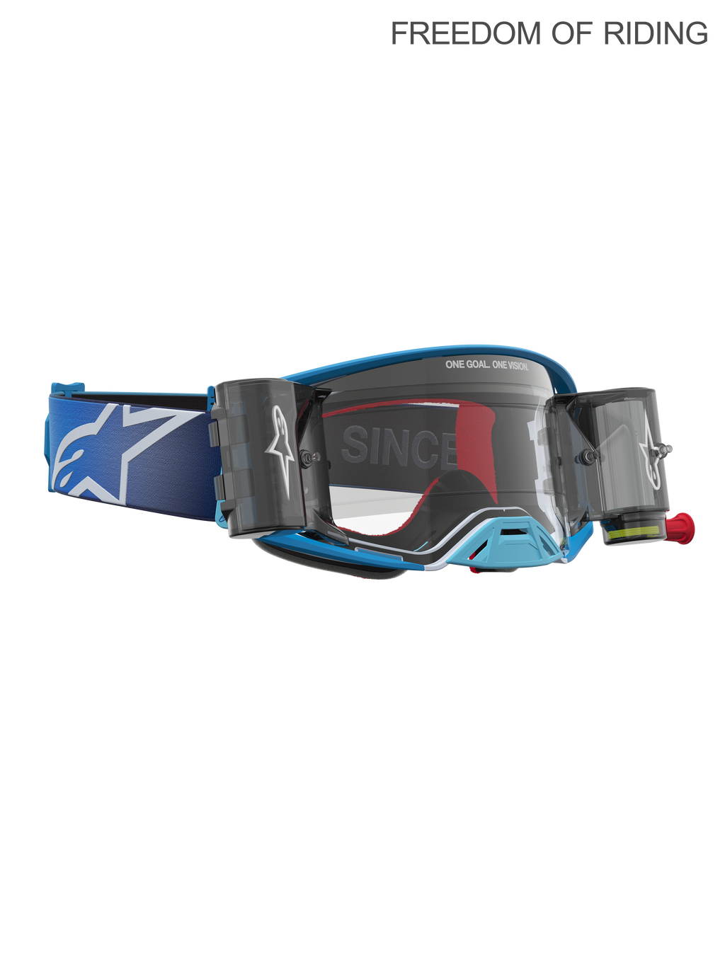 Alpinestars Supertech Firma Roll Off Goggles, Motocross and Off-Road Racing Goggles, Unisex, Blue and Silver with Clear Lens, featuring integrated roll-off canisters for vision clarity in mud and dust.