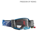 Alpinestars Supertech Firma Roll Off Goggles, Motocross and Off-Road Racing Goggles, Unisex, Blue and Silver with Clear Lens, featuring integrated roll-off canisters for vision clarity in mud and dust.