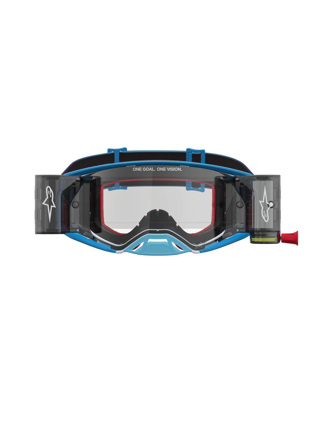 Alpinestars Supertech Firma Roll Off, óculos de motocross azuis e prateados com sistema roll-off e lentes transparentes.