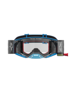 Alpinestars Supertech Firma Roll Off, óculos de motocross azuis e prateados com sistema roll-off e lentes transparentes.