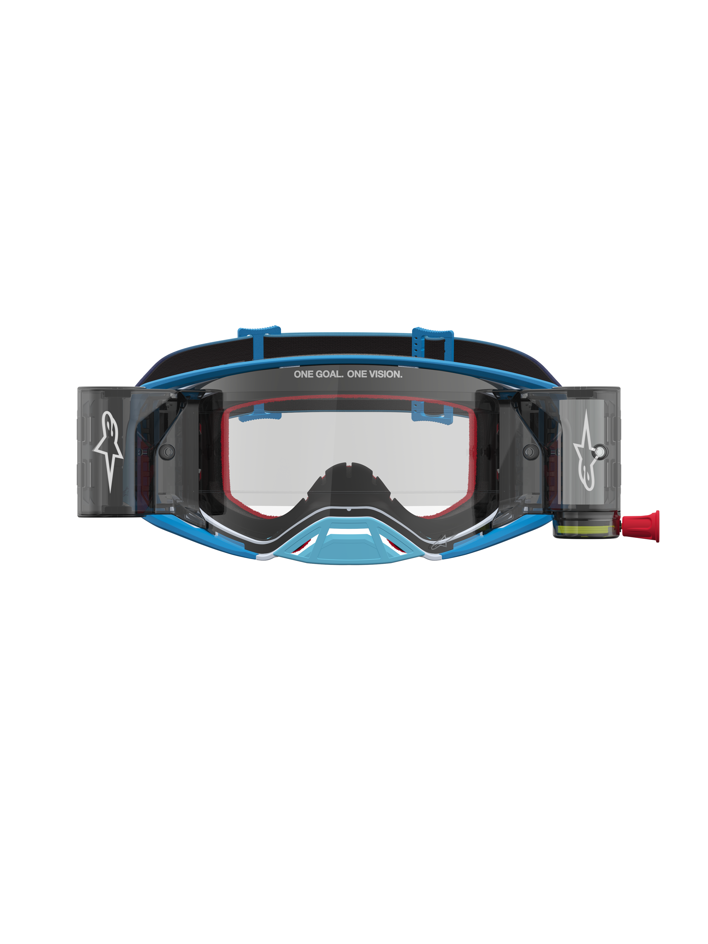 Alpinestars Supertech Firma Roll Off, óculos de motocross azuis e prateados com sistema roll-off e lentes transparentes.