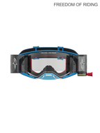 Alpinestars Supertech Firma Roll Off Goggles, Professional Motocross and Off-Road Racing Goggles, Blue and Silver, featuring an integrated roll-off system for clear vision, high-clarity polycarbonate lens, and moisture-management frame design for Supercross and Enduro riding.