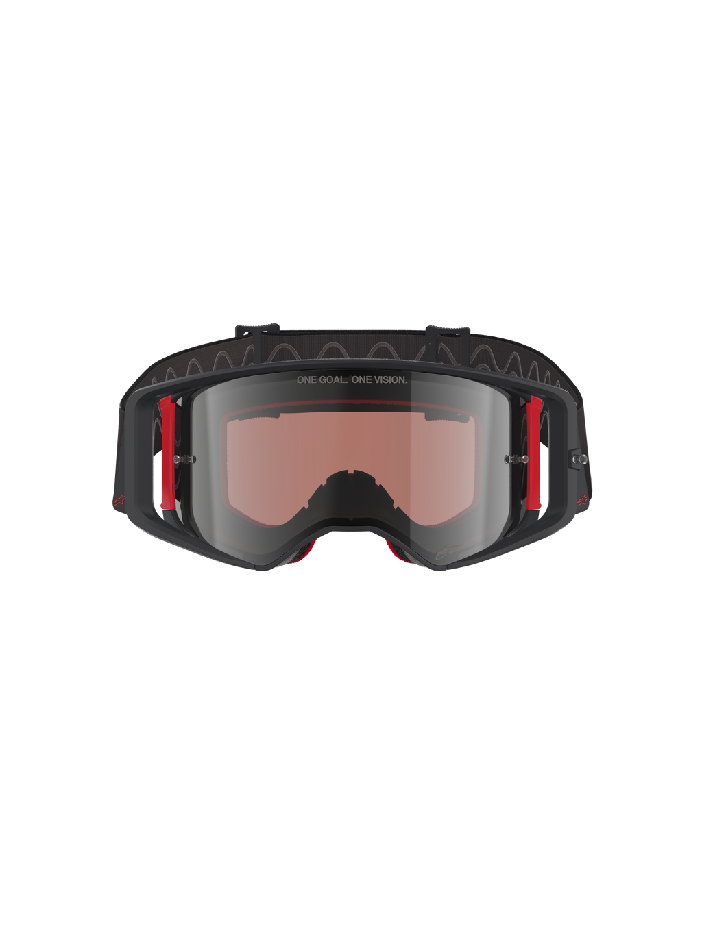 Alpinestars Supertech Corp Goggles Absolute Vision, Motocross Goggles, Black and Red frame with Mirror Silver lens, featuring 'ONE GOAL. ONE VISION.' text on the top frame and red side accents, professional-grade eye protection for motocross
