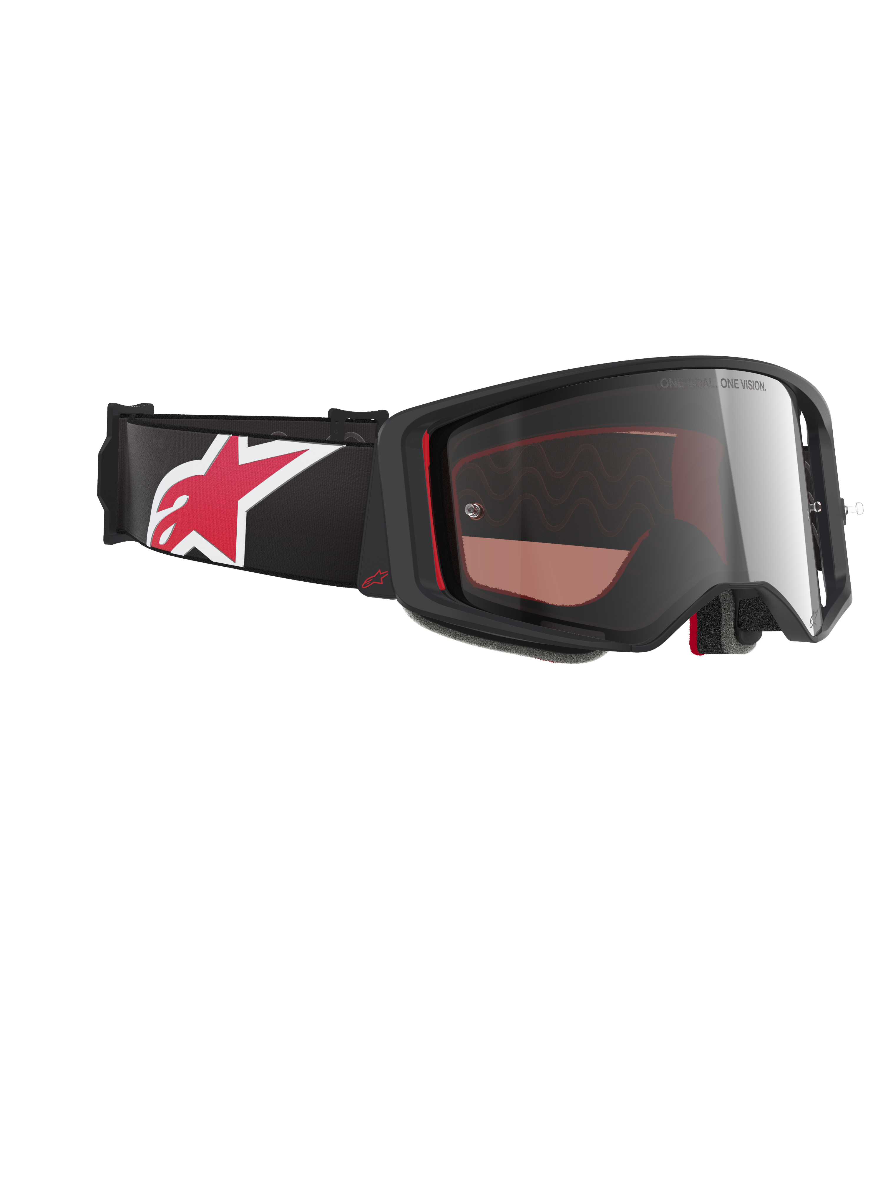 Alpinestars Supertech Corp Goggles Absolute Vision, Motocross Goggles, Black and Red with Mirror Silver Lens, angled profile showing black strap with large red and white star logo, sleek frame design for off-road performance